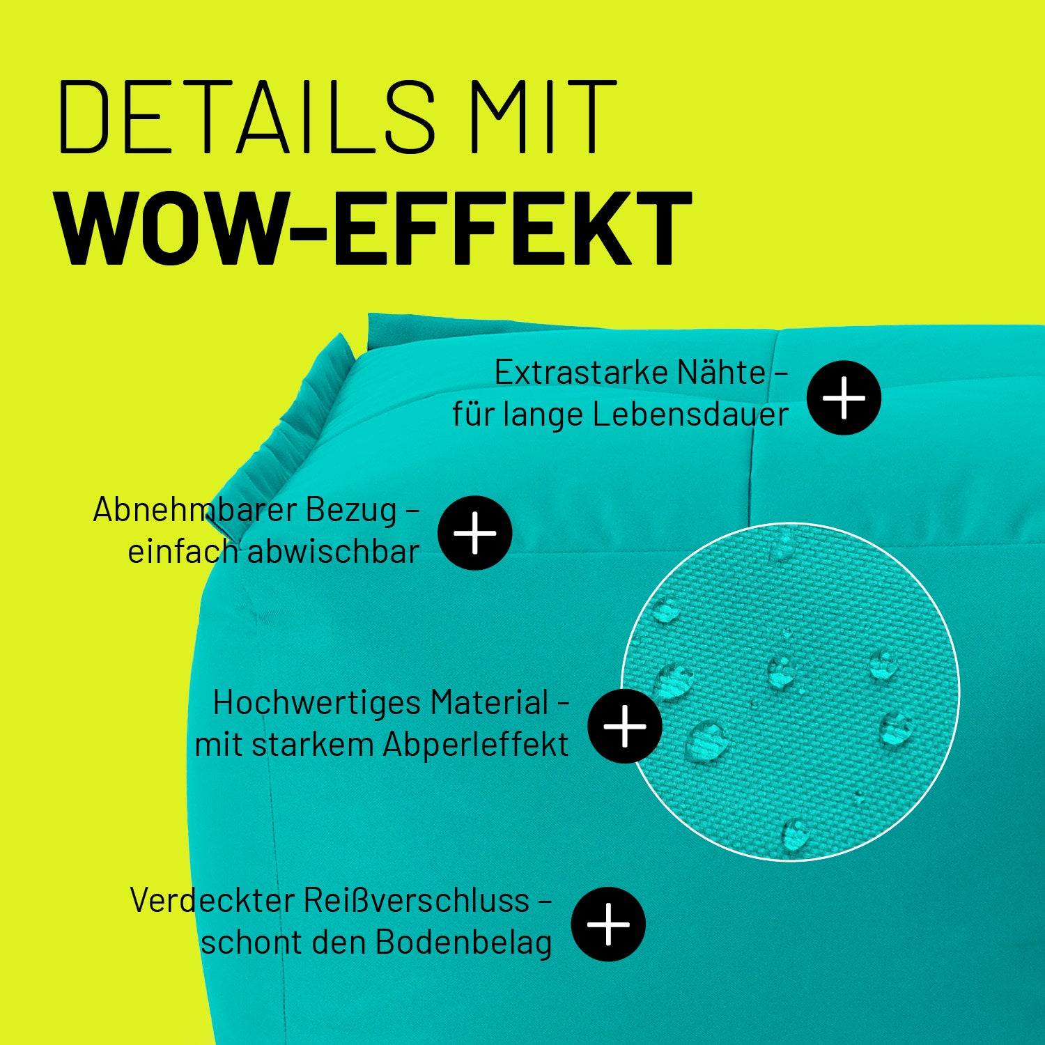 Sitzsack-Hocker (200 L) in Türkis mit abnehmbarem Bezug, wasserabweisendem Material und verdecktem Reißverschluss für indoor & outdoor.