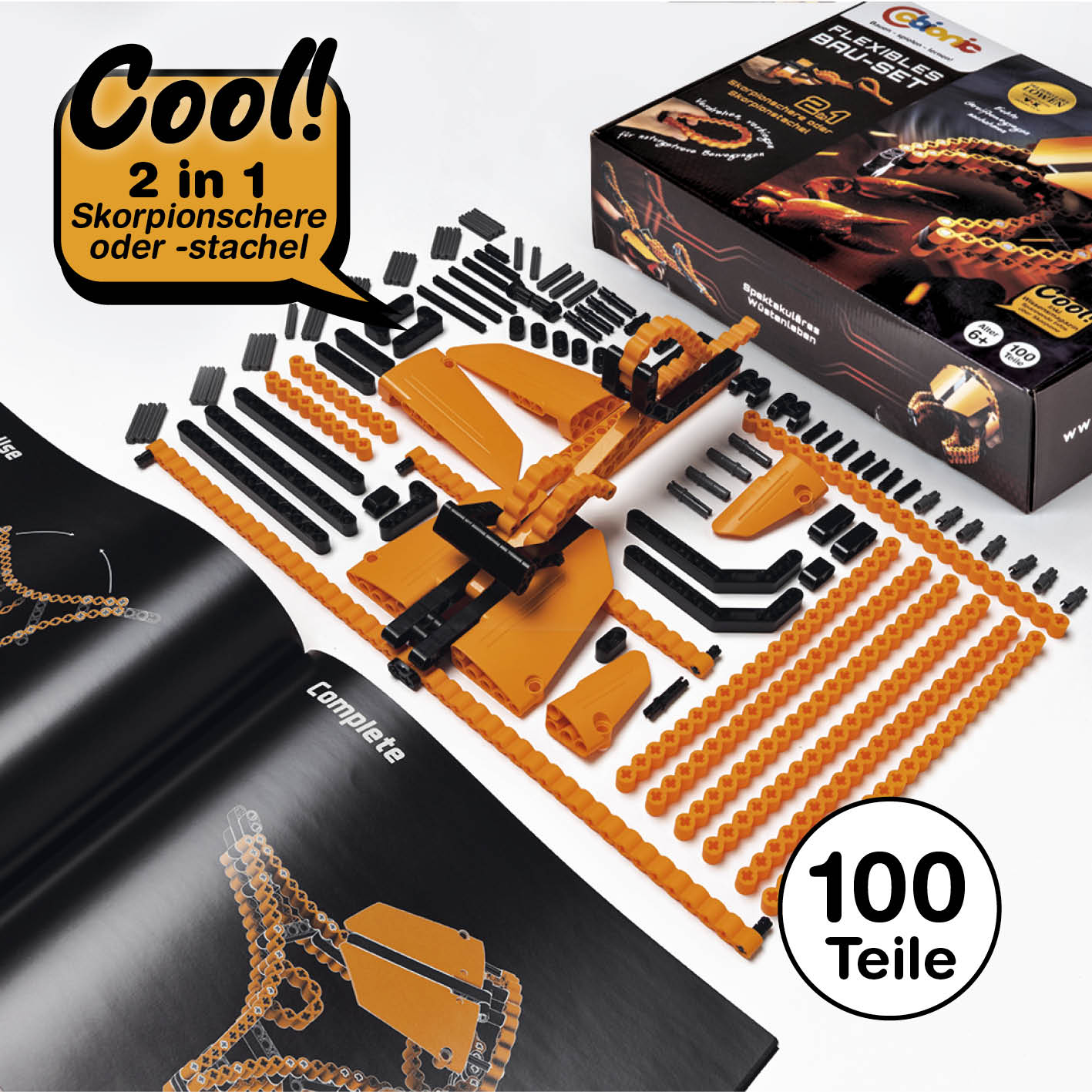 Baustein-Set Skorpion mit 100 flexiblen Bausteinen zum Biegen und Verbinden für kreative, dynamische Natur-inspirierte Konstruktionen.