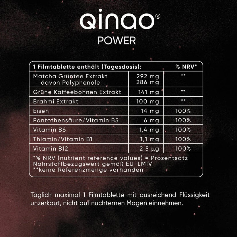 Nahrungsergänzungsmittel POWER - 90 Tabletten mit Eisen, Matcha Grüntee, grünem Kaffee, Brahmi, Vitamin B6 und B12, vegan und zuckerfrei.