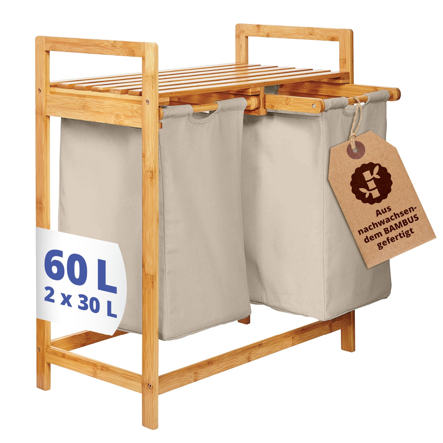 Bambus Wäschekorb mit 2 ausziehbaren Wäschesäcken - 73 x 64 x 33 cm - Grau, nachhaltig und pflegeleicht.