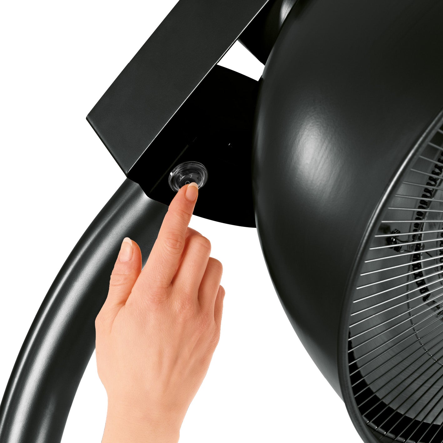 Infrarot-Heizstrahler mit Standfuß im modernen Lampen-Design mit verstellbarem Kopf und einfacher Bedienung per Knopf.
