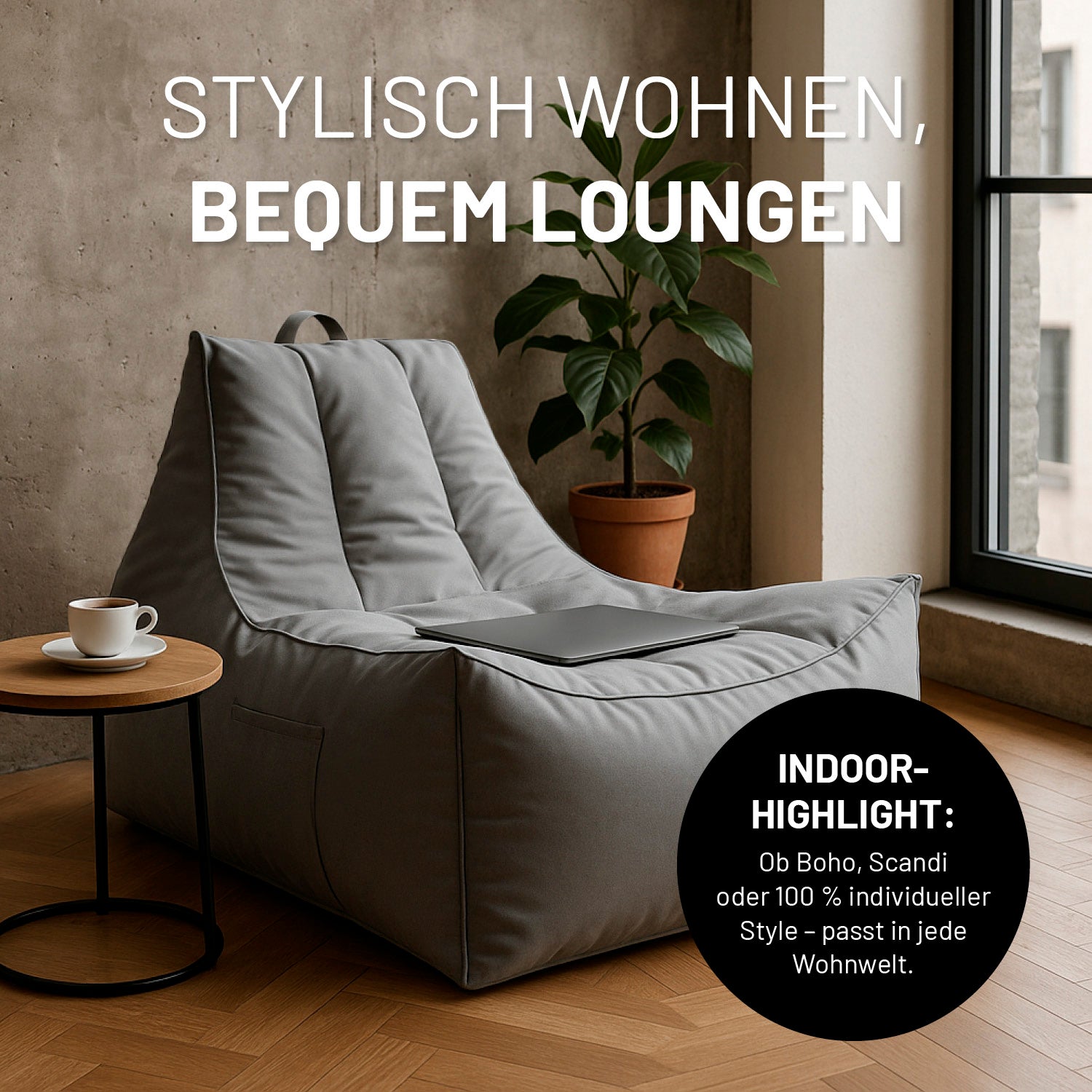 Premium Lounge-Sessel - 380 L - 100 x 100 x 80 cm - Grau mit großer Sitzfläche, Seitentasche und wetterfester Hülle für Indoor & Outdoor Nutzung
