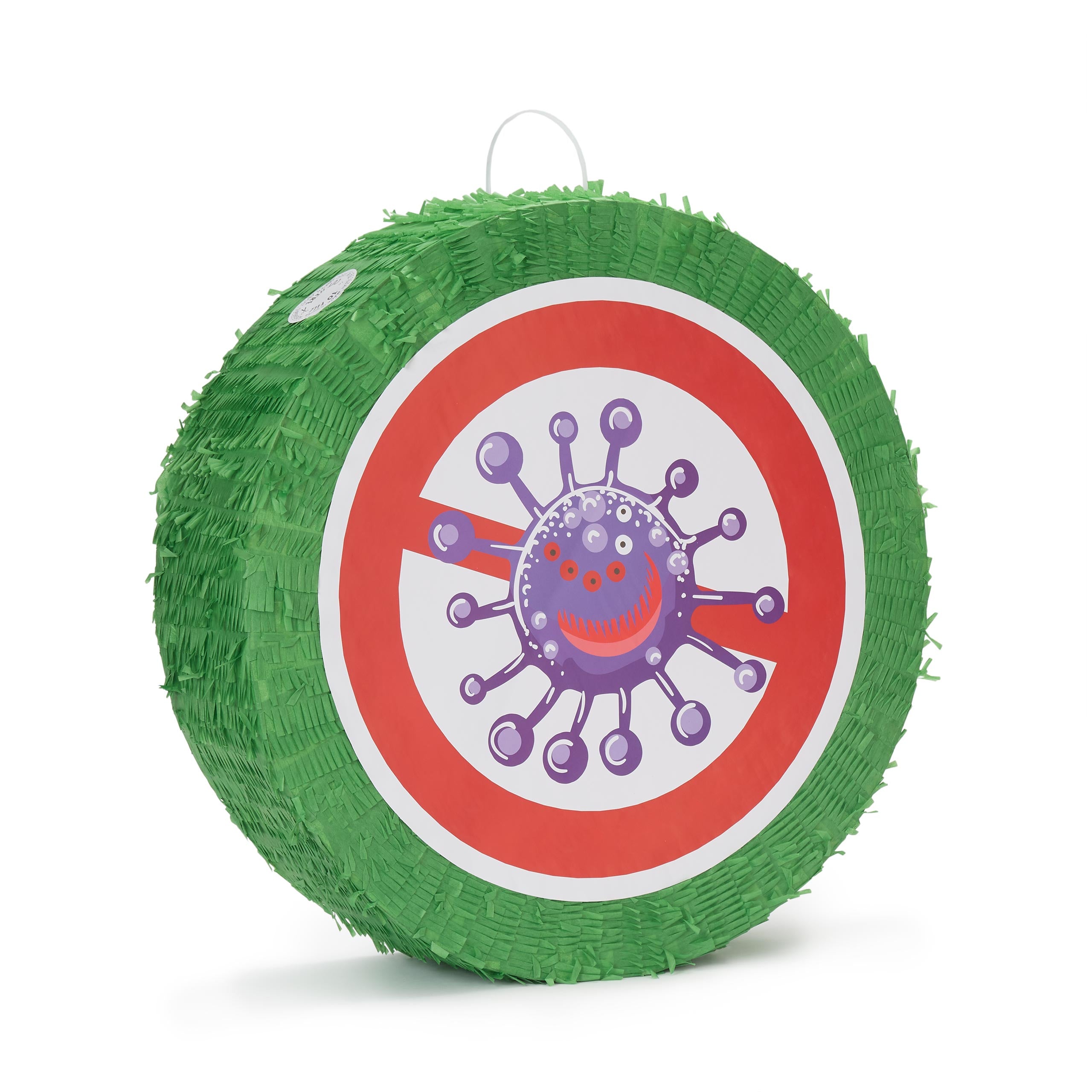 Pinata Set zum Befüllen inkl. Schläger & Augenbinde "Beat The Virus" mit grünem Virus-Design und Zielscheibe für Kindergeburtstage.