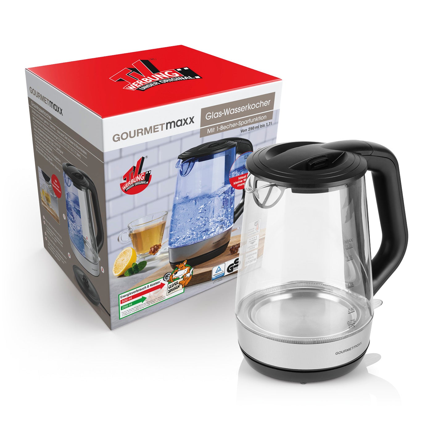 Glas-Wasserkocher - 1,7l (Skala 0,25l) mit kabellosem Wasserbehälter und praktischer Wasserstandsanzeige bis 1,7 Liter.