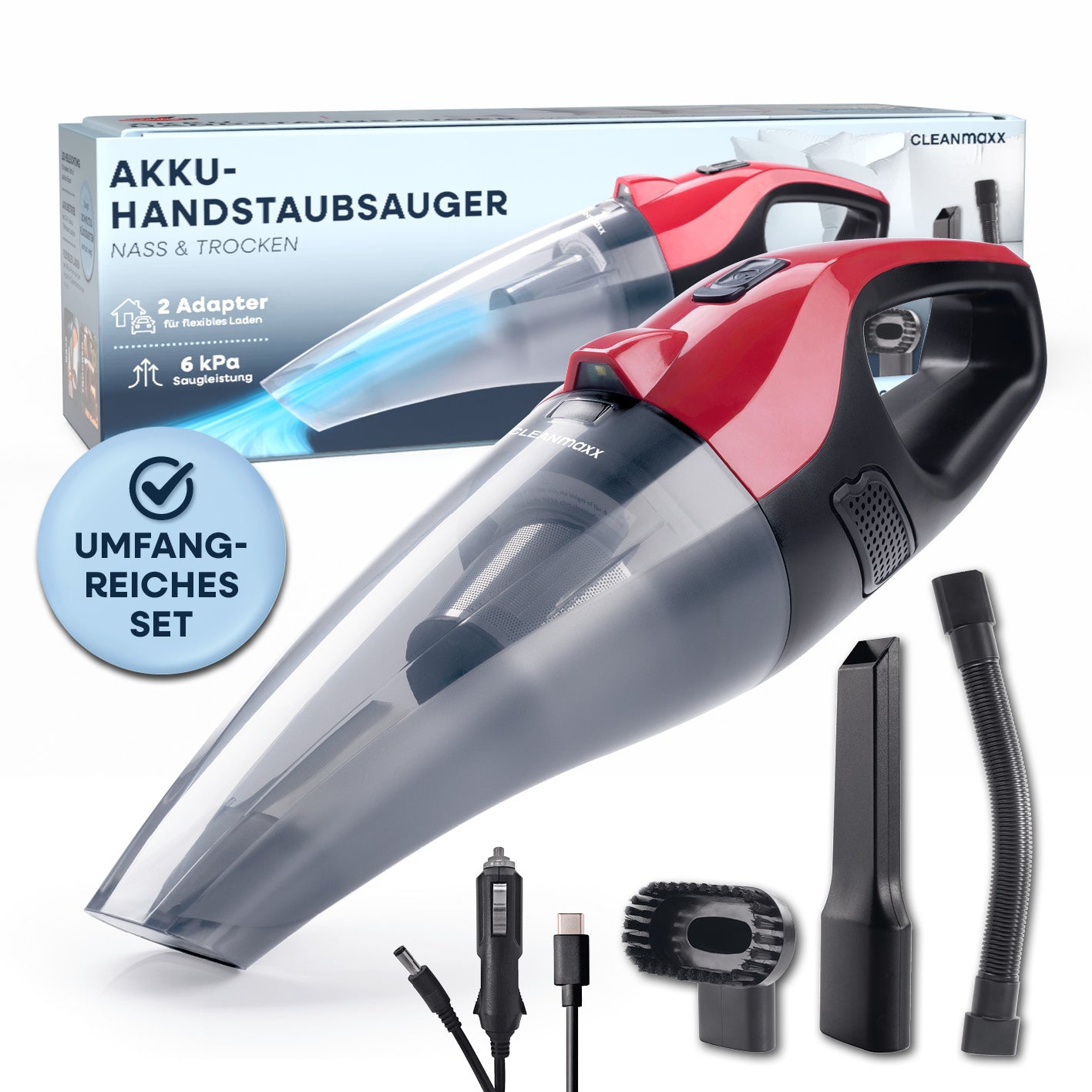 Akku-Handstaubsauger nass und trocken, kabellos, mit 6 kPa Saugleistung, LED-Licht und umfangreichem Zubehörset.