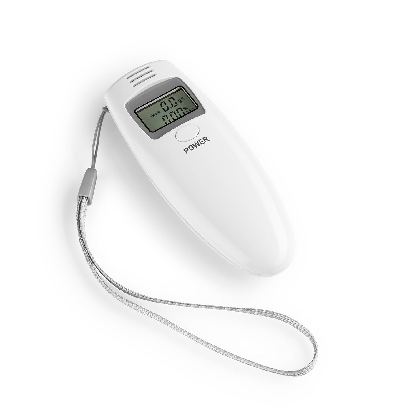 Alkoholtester mit LCD-Display, kompakt, benutzerfreundlich, akustisches Signal und Anzeige von Alkoholwerten für schnelle Tests unterwegs.