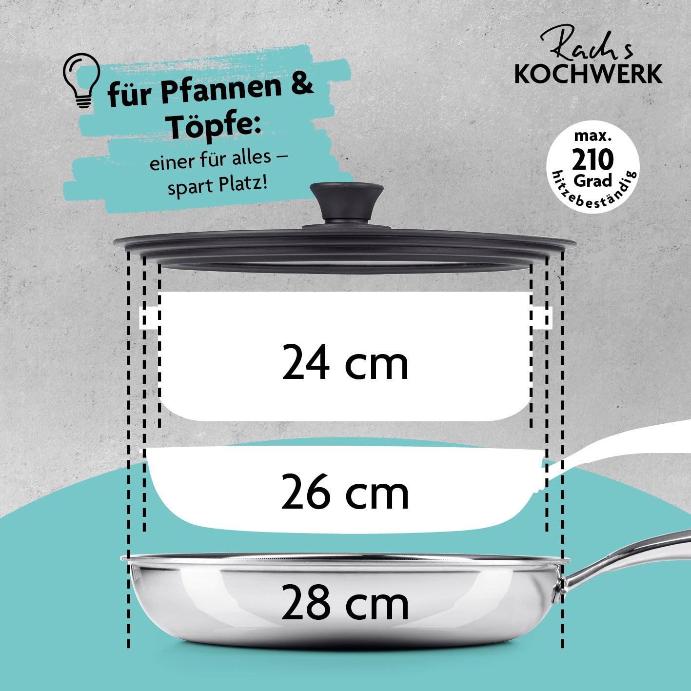 Universal-Glasdeckel für Töpfe und Pfannen 24-28 cm, hitzebeständig bis 210°C, mit praktischem 3in1 Silikonrand-Design.