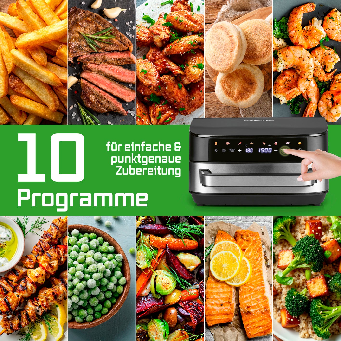 Heißluftfritteuse mit XXL-Garfläche - 7 Liter mit 10 Programmen für fettarmes Garen von Pommes, Steak, Fisch und mehr.
