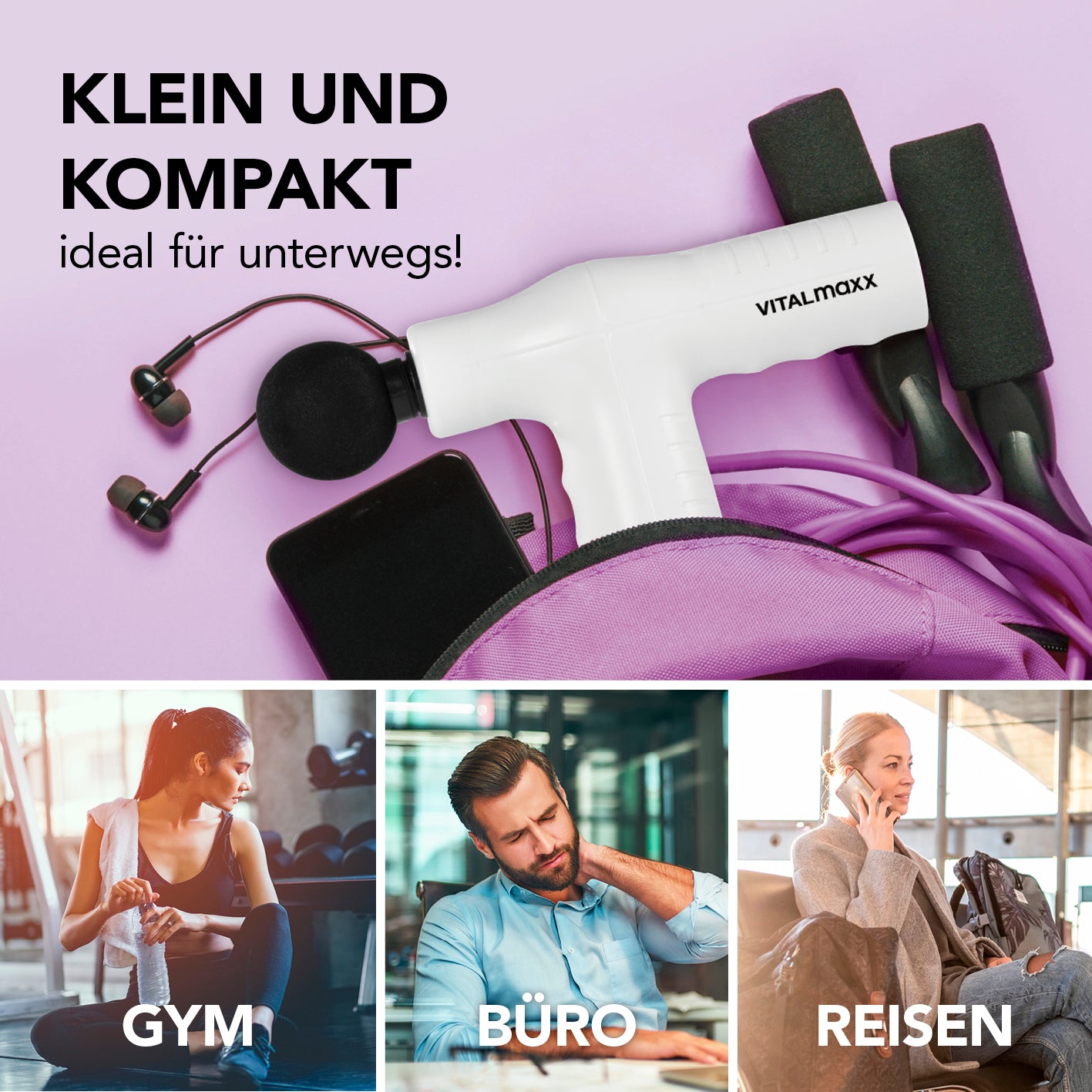 Mini Massage Gun Smart Grip - Weiß, kraftvolles Massagegerät mit ergonomischem Griff für effektive Regeneration und Mobilität unterwegs.