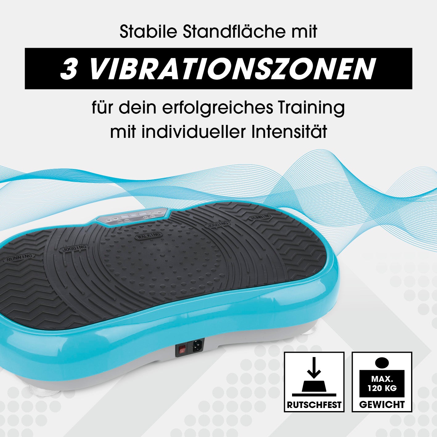 Vibrationstrainer - 4-tlg. - türkis mit stabiler, rutschfester Standfläche und 3 Vibrationszonen für individuelles Ganzkörpertraining.