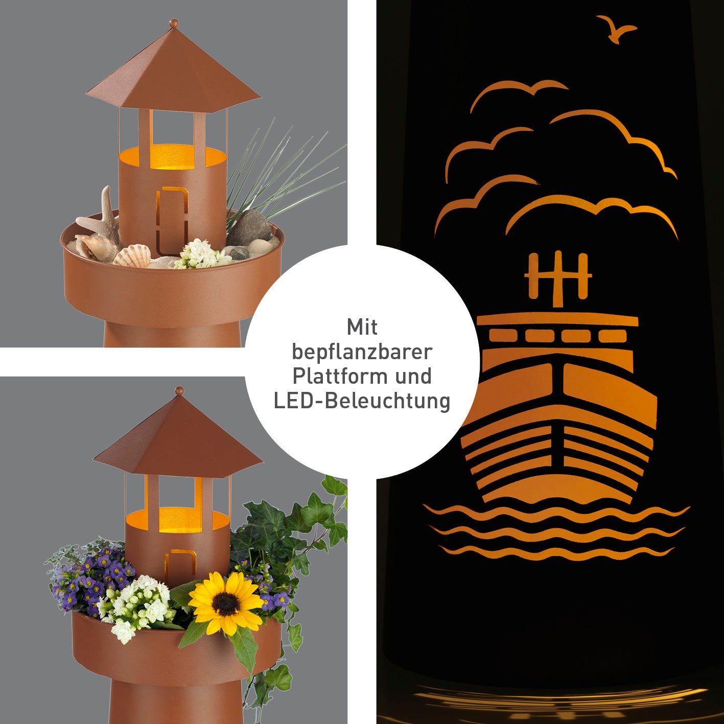 LED-Dekosäule Leuchtturm - 70 cm - braun mit bepflanzbarer Plattform und warmweißer LED-Beleuchtung für stimmungsvolle Atmosphäre.