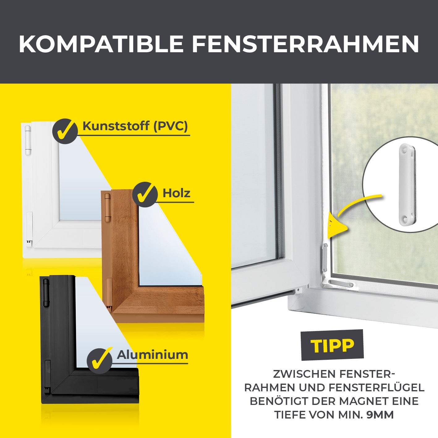 Insektenschutzgitter mit Magnetbefestigung - 4er-Set passend für Kunststoff, Holz und Aluminium Fensterrahmen.
