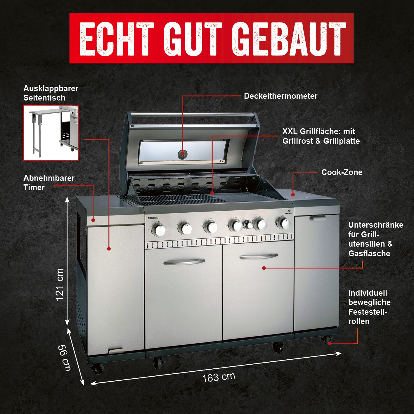 Gasgrill Rexon 6.1 cooK Edelstahl mit 6 Brennern, Cook-Zone, Seitentisch, Deckelthermometer und großer Grillfläche.