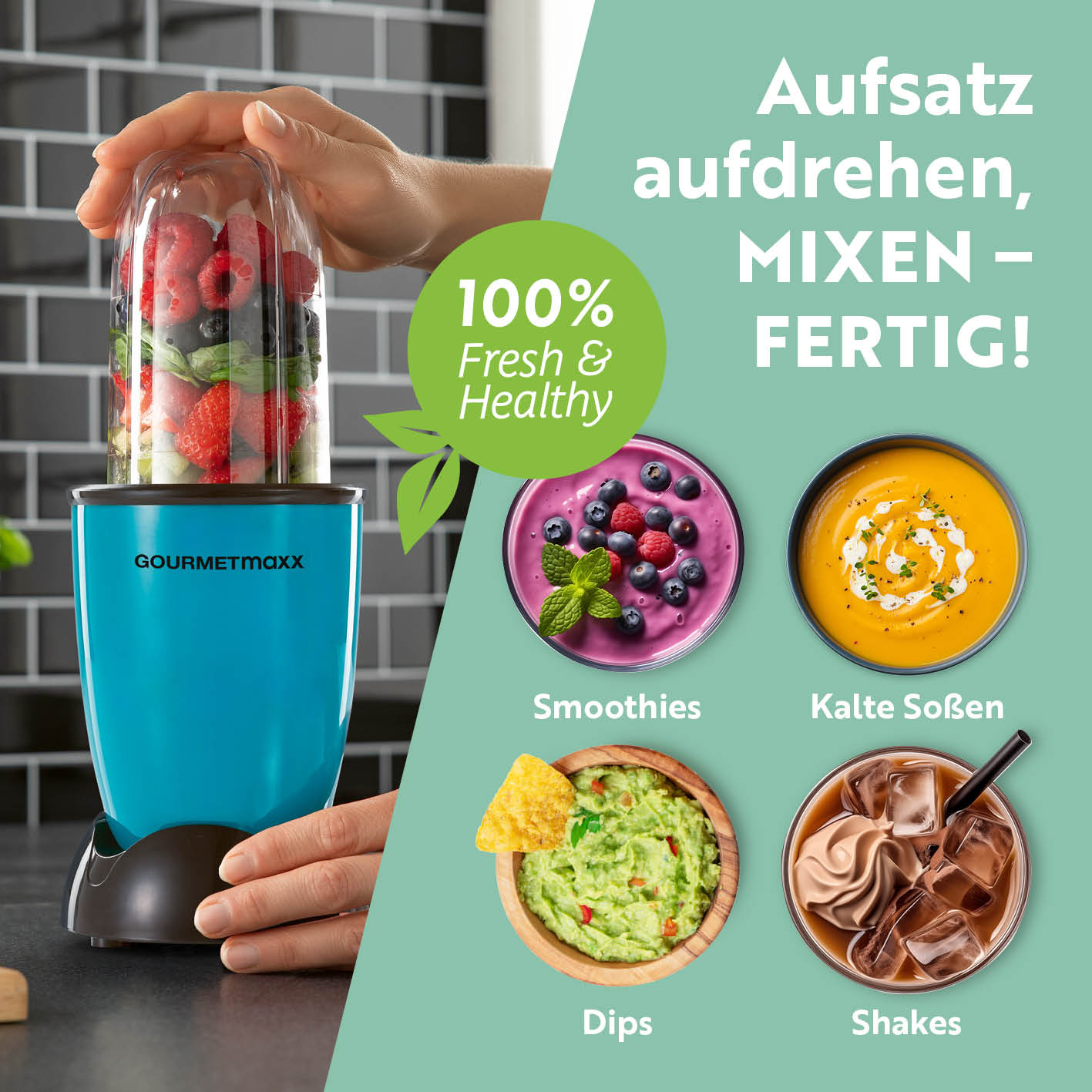 Mr. Magic Power 400 Pro mit Zubehörset L - Grün/Schwarz zeigt Mixer mit Beerenfüllung für Smoothies, Dips, Shakes und kalte Soßen.