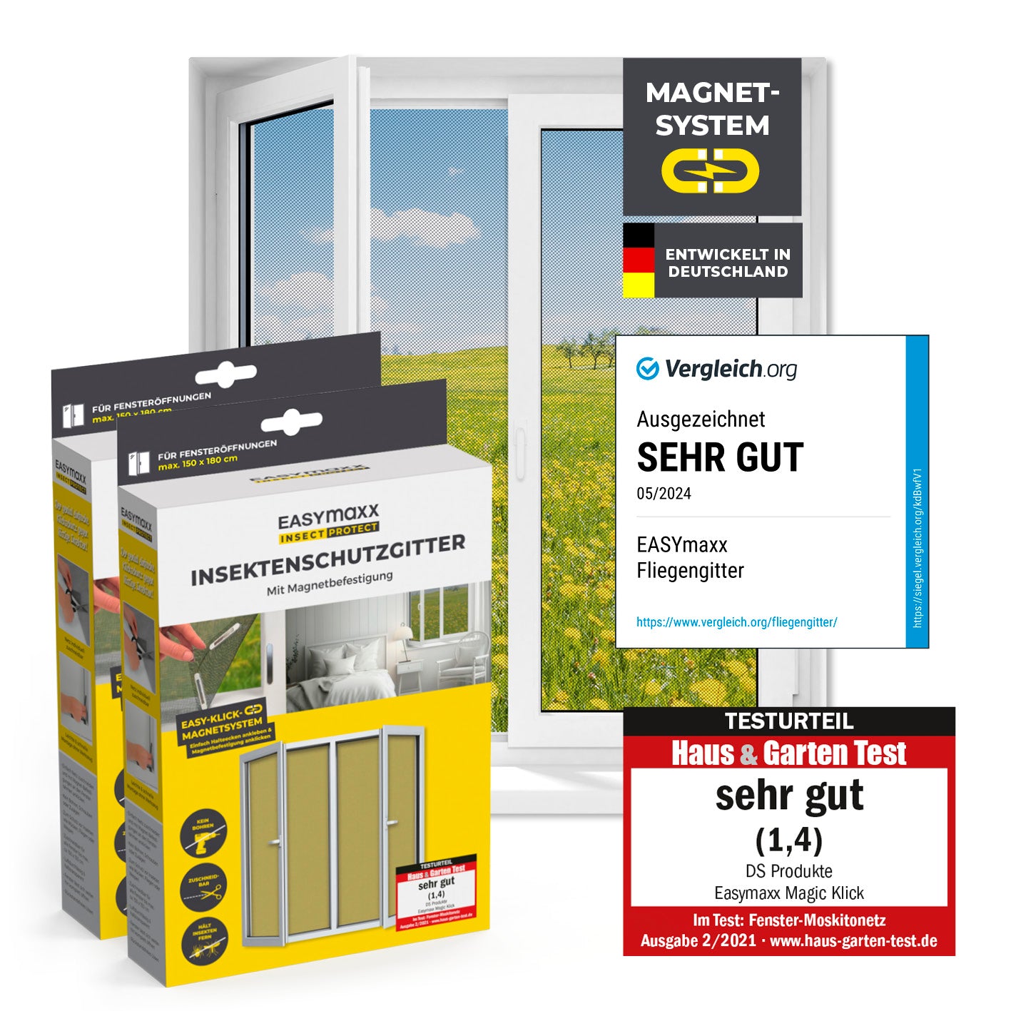Insektenschutzgitter mit Magnetbefestigung - 2er-Set - 150 x 180 cm - Schwarz für einfache Montage und zuverlässigen Insektenschutz am Fenster