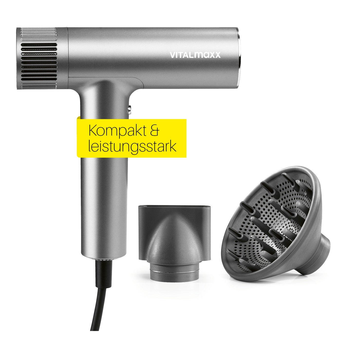 Slim Hairdryer mit schlankem Design, leistungsstarkem Motor, LCD-Display und zwei Aufsätzen für präzises Styling.