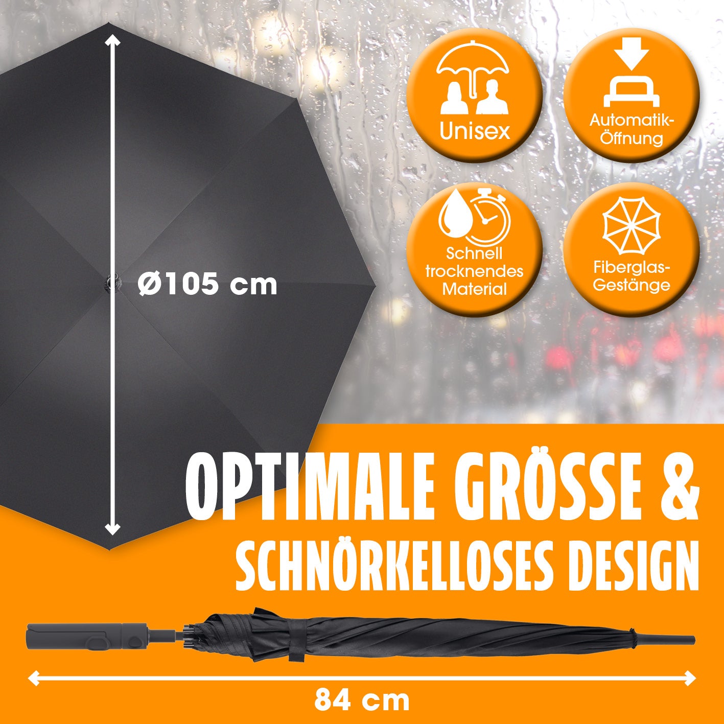 Regenschirm mit Getränkehalter, 105 cm Durchmesser, unisex, sturmfest, automatisches Öffnen, schnell trocknendes Material, schlichtes Design.