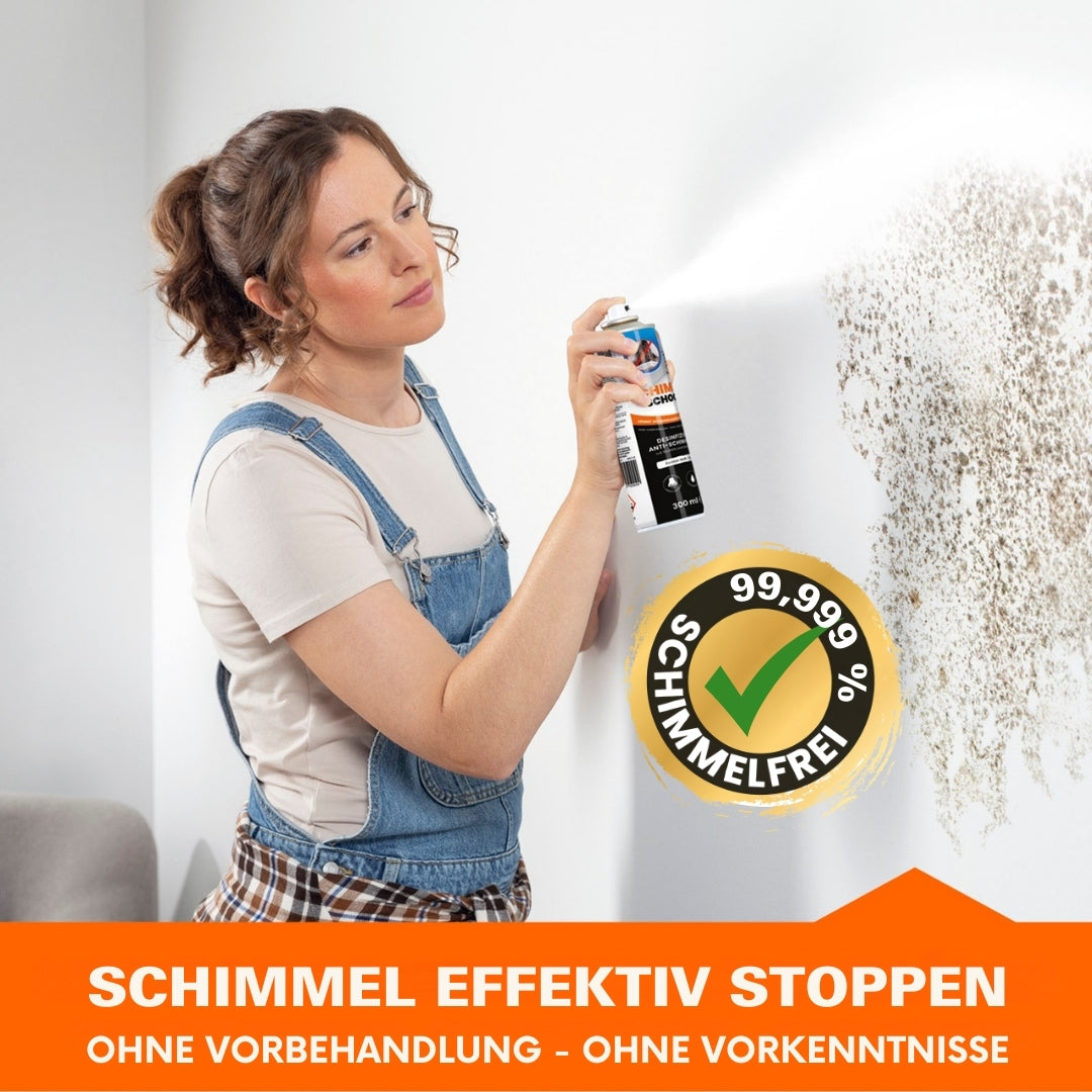 Frau sprüht mit Tonis SCHIMMELSCHOCK Anti-Schimmel-Farbe 5.1 - 2er-Set effektiv gegen Schimmelflecken an der Wand.