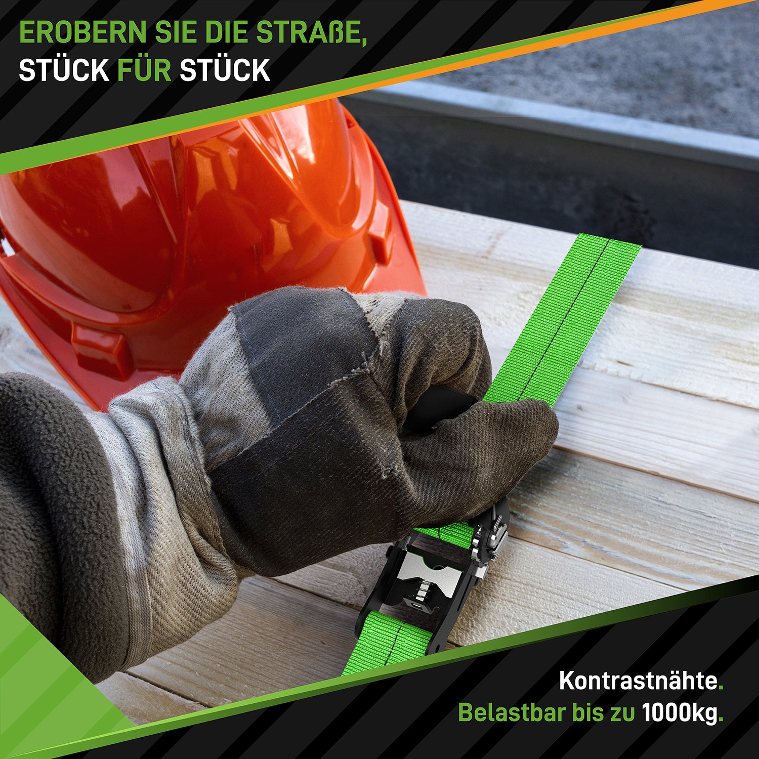Hand mit Arbeitshandschuh spannt Spanngurte mit Ratschen - 4er-Set - Neongrün zur Ladungssicherung auf Holzlatten.