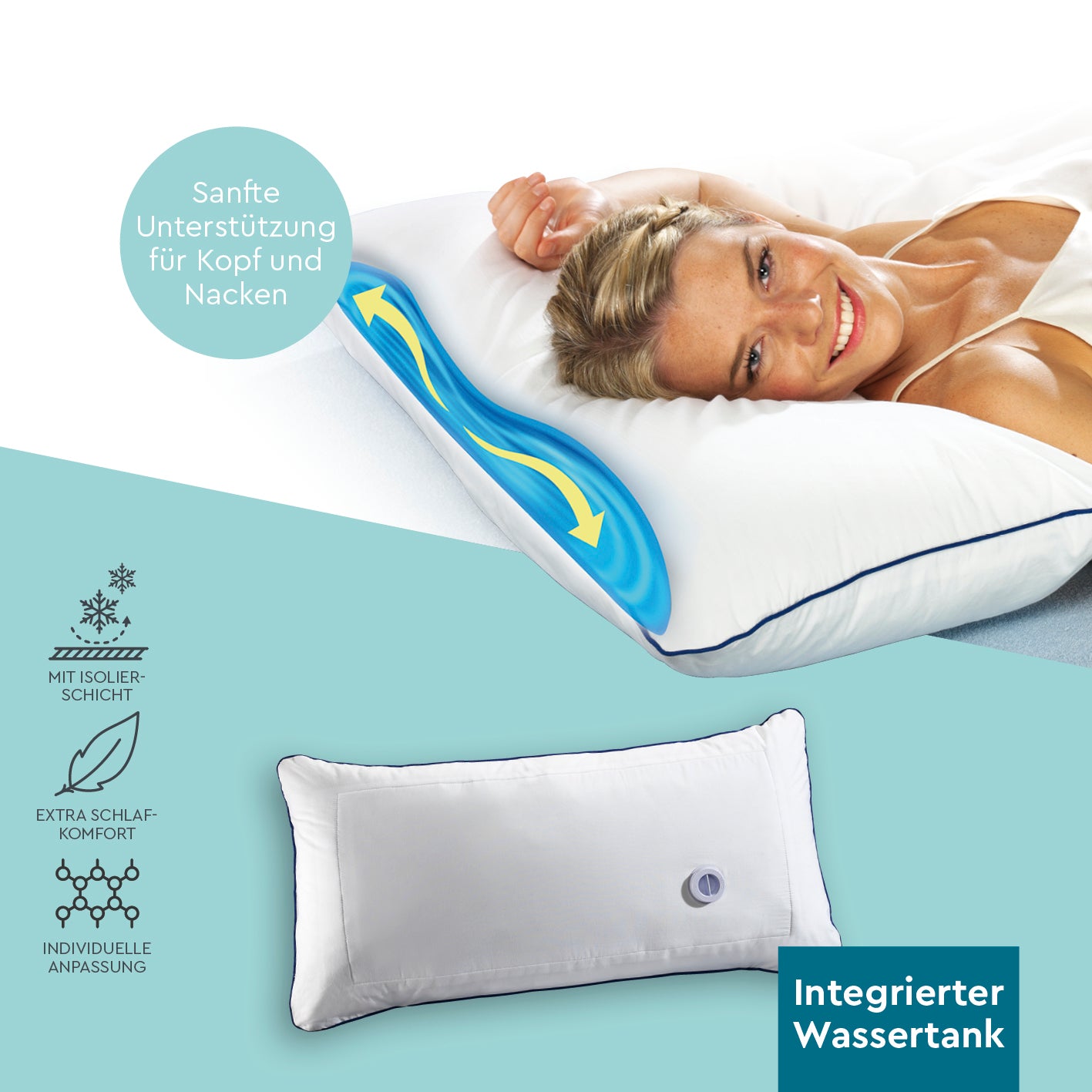 Wasserkissen - 80x40 cm mit integriertem Wassertank für individuelle Härte, Stützkraft und weiches Kissen-Gefühl.