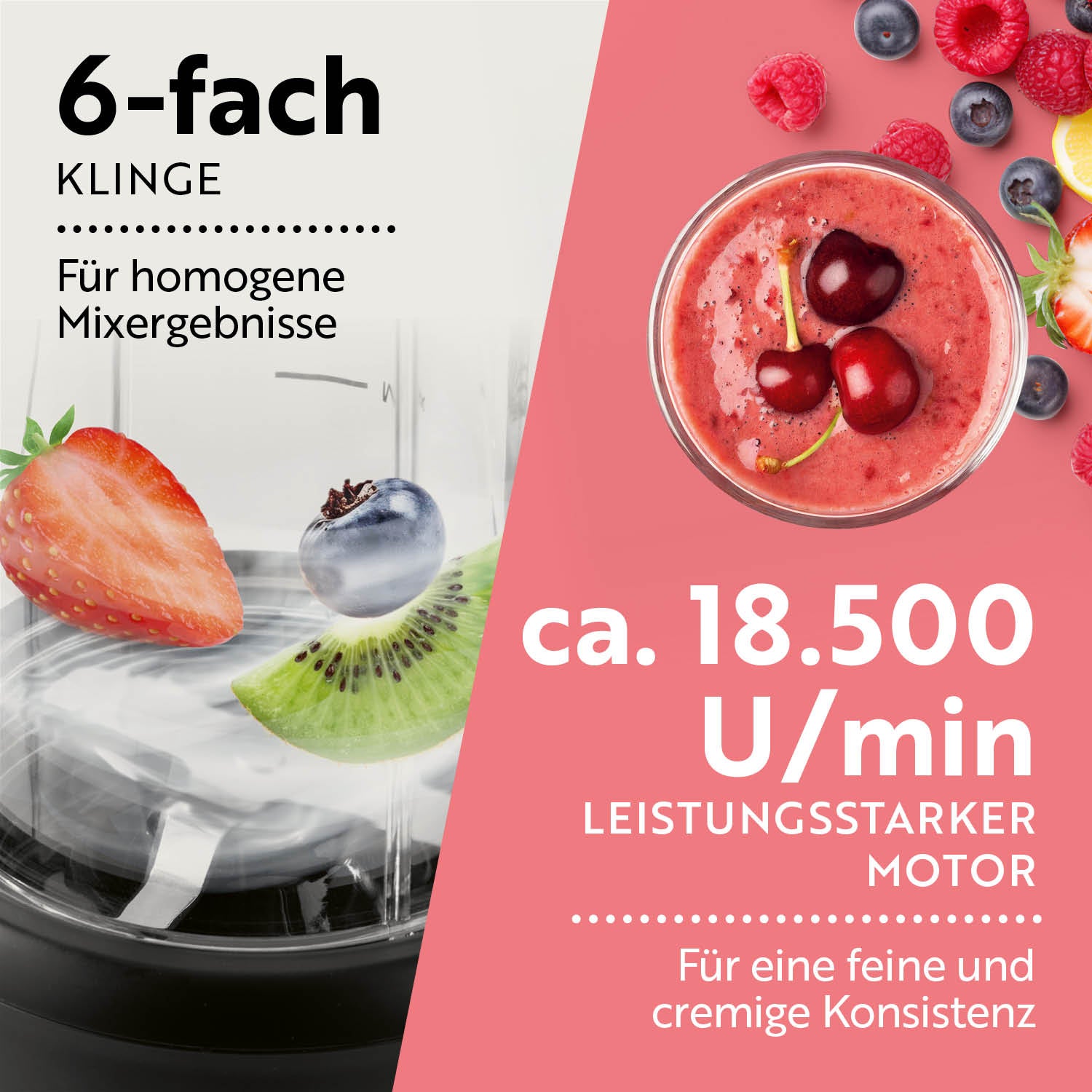Nutrition Mixer mit 6-fach Edelstahlklinge und 18500 U/min Motor für feine, cremige Mix-Ergebnisse von Früchten und Getränken.