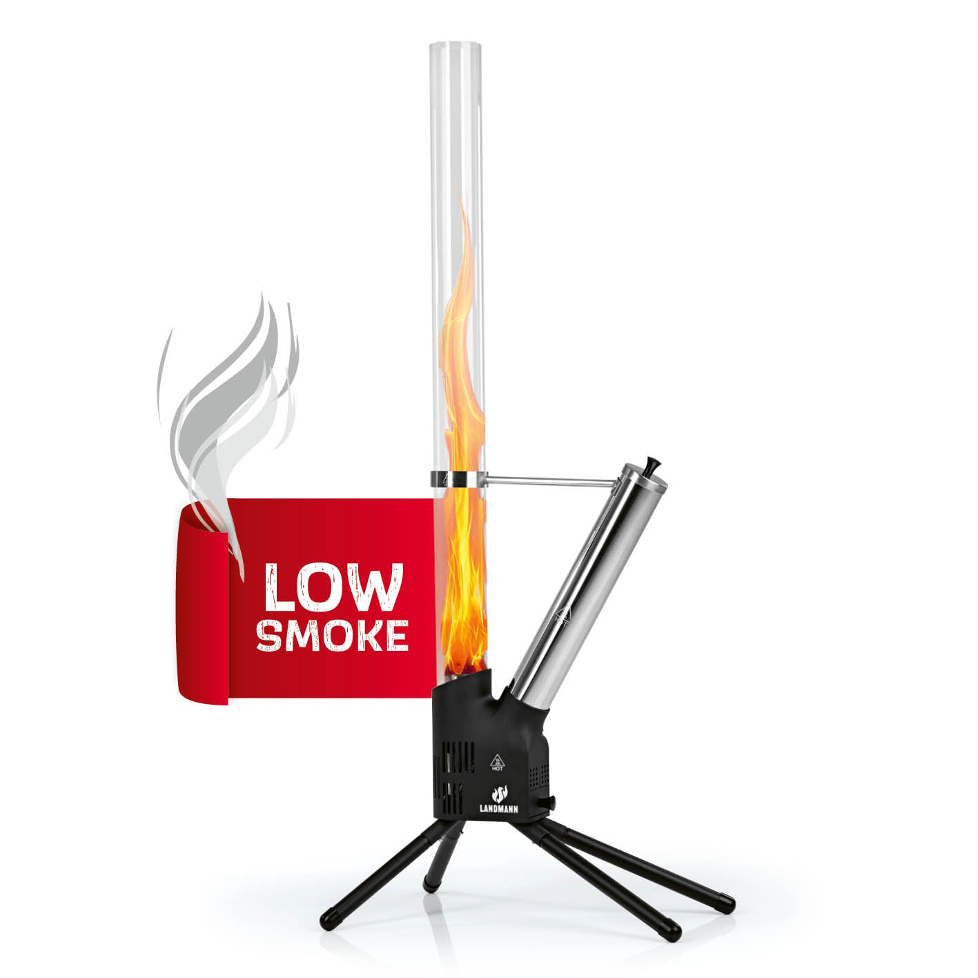 Pellet-Feuersäule mit stilvollem Glasrohr, raucharm, lange Brenndauer und einfache Bedienung, perfekt für Terrasse und Garten.
