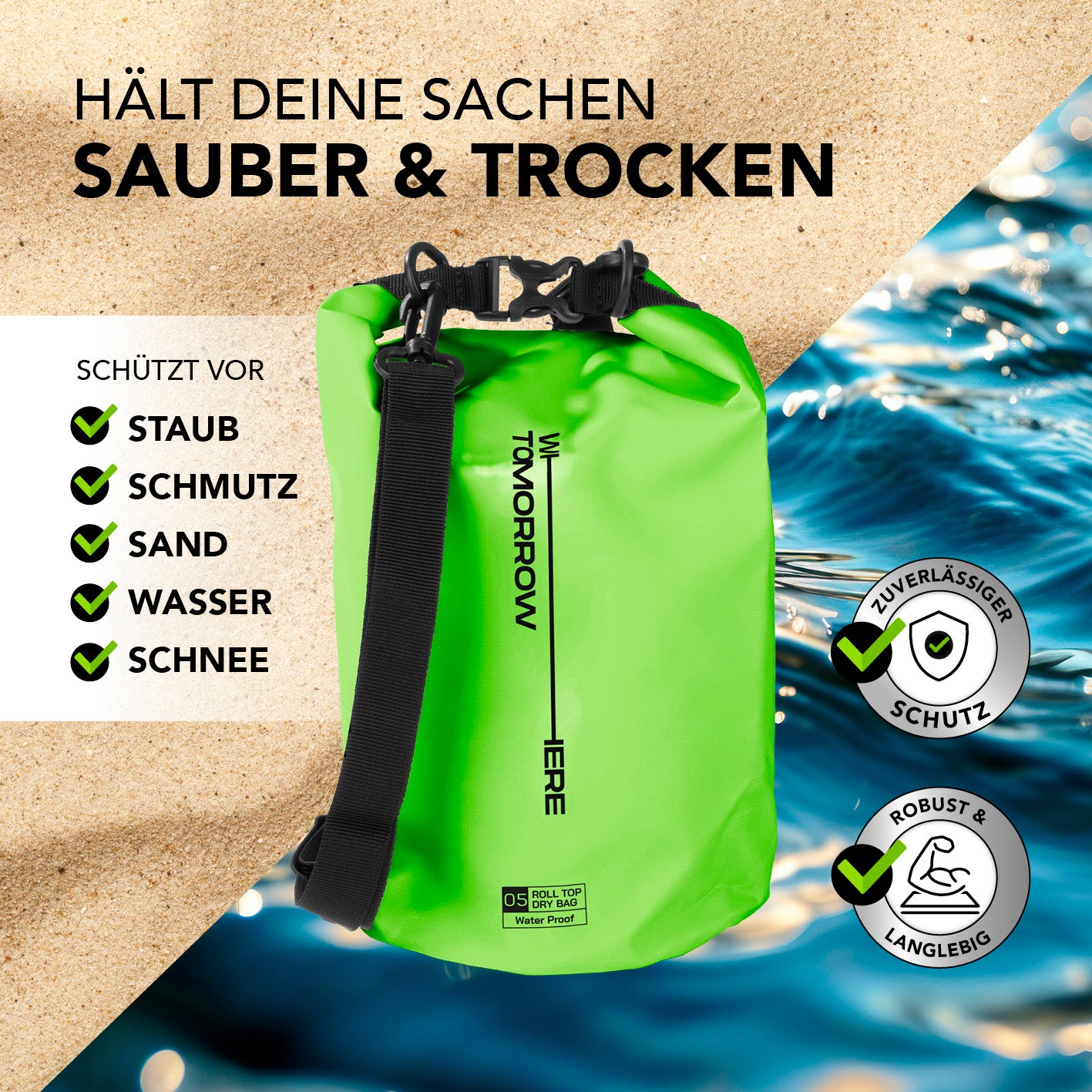 Dry Bag 5L - Style 02 - Grün, wasserdichter und robuster Outdoor-Rucksack mit Rolltop-Verschluss zum Schutz vor Wasser, Sand, Staub und Schnee.