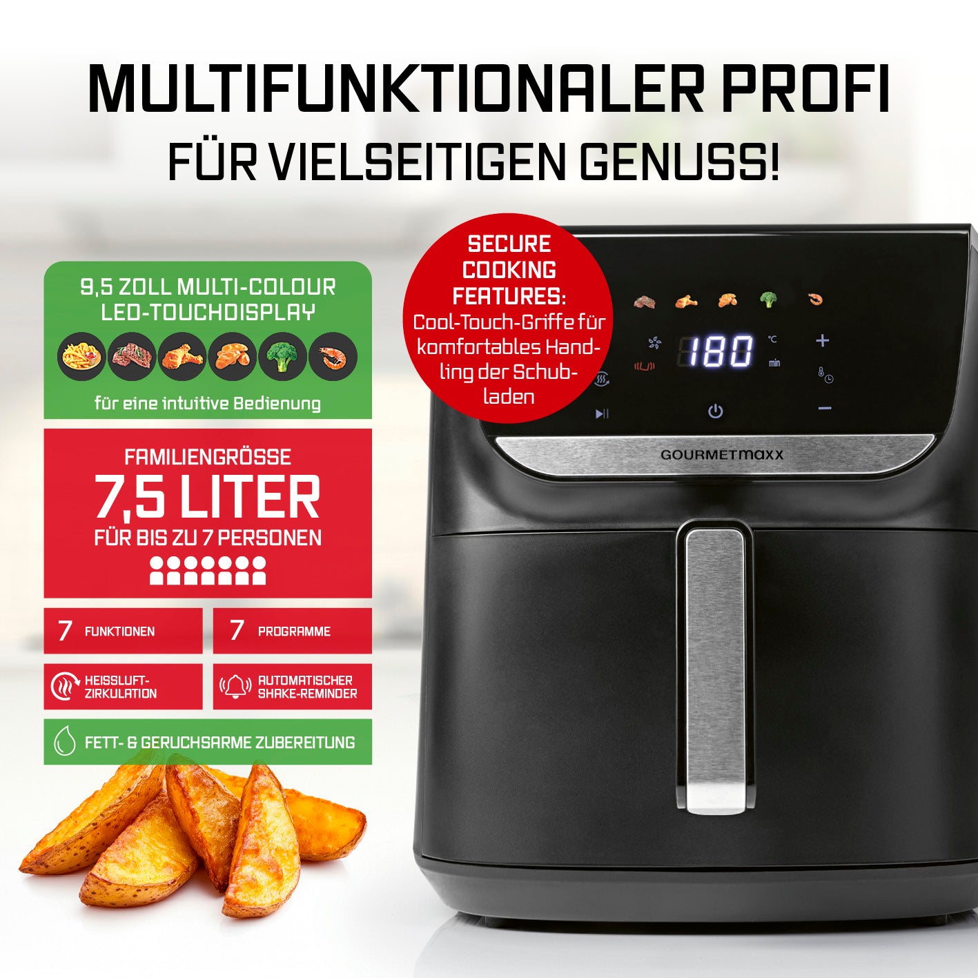 Heißluftfritteuse - 7,5 Liter mit 9,5 Zoll LED-Touchdisplay, 7 Funktionen, 1700 Watt, fettarm und familientauglich.