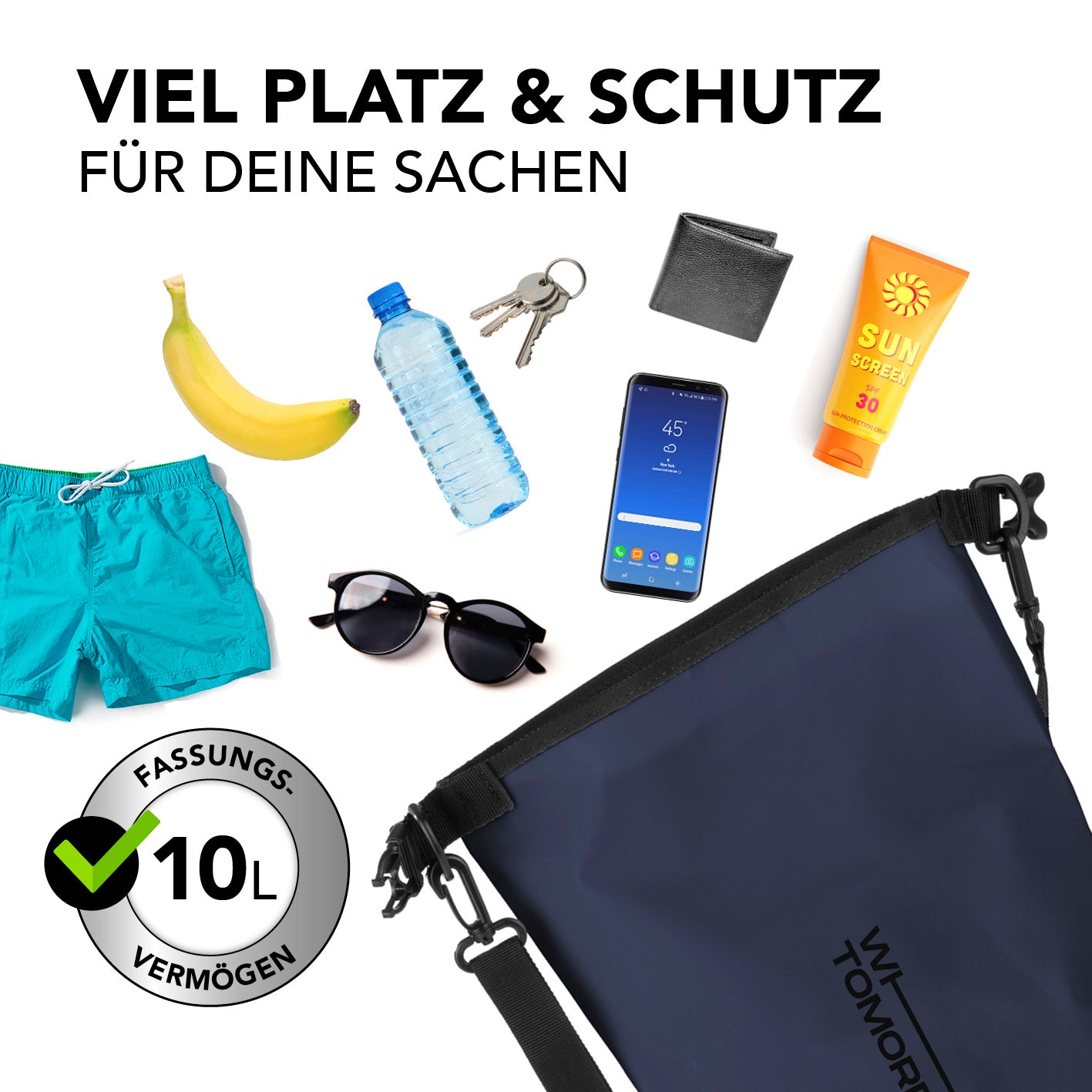 Dry Bag 10L - Style 02 - Dunkelblau wasserdichter, robuster Rucksack mit 10L Fassungsvermögen und verstellbarem Schultergurt für Outdoor-Abenteuer.