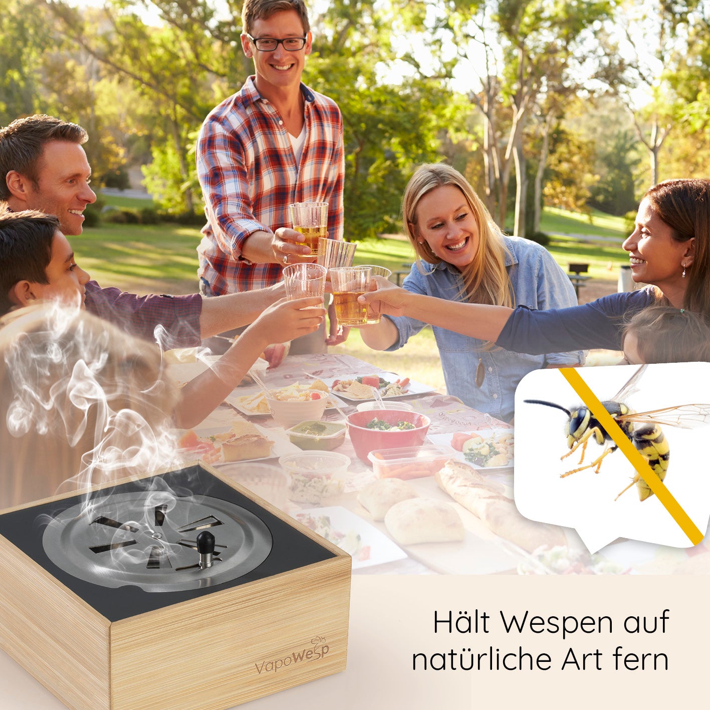 Räucherbox inkl. Orange & Rosemary (50 g) + Lemon & Basil (100 g) + Hay Flowers & Thyme (100 g) + Apple & Mint (100 g) zeigt natürliche Wespenabwehr beim Outdoor-Essen.