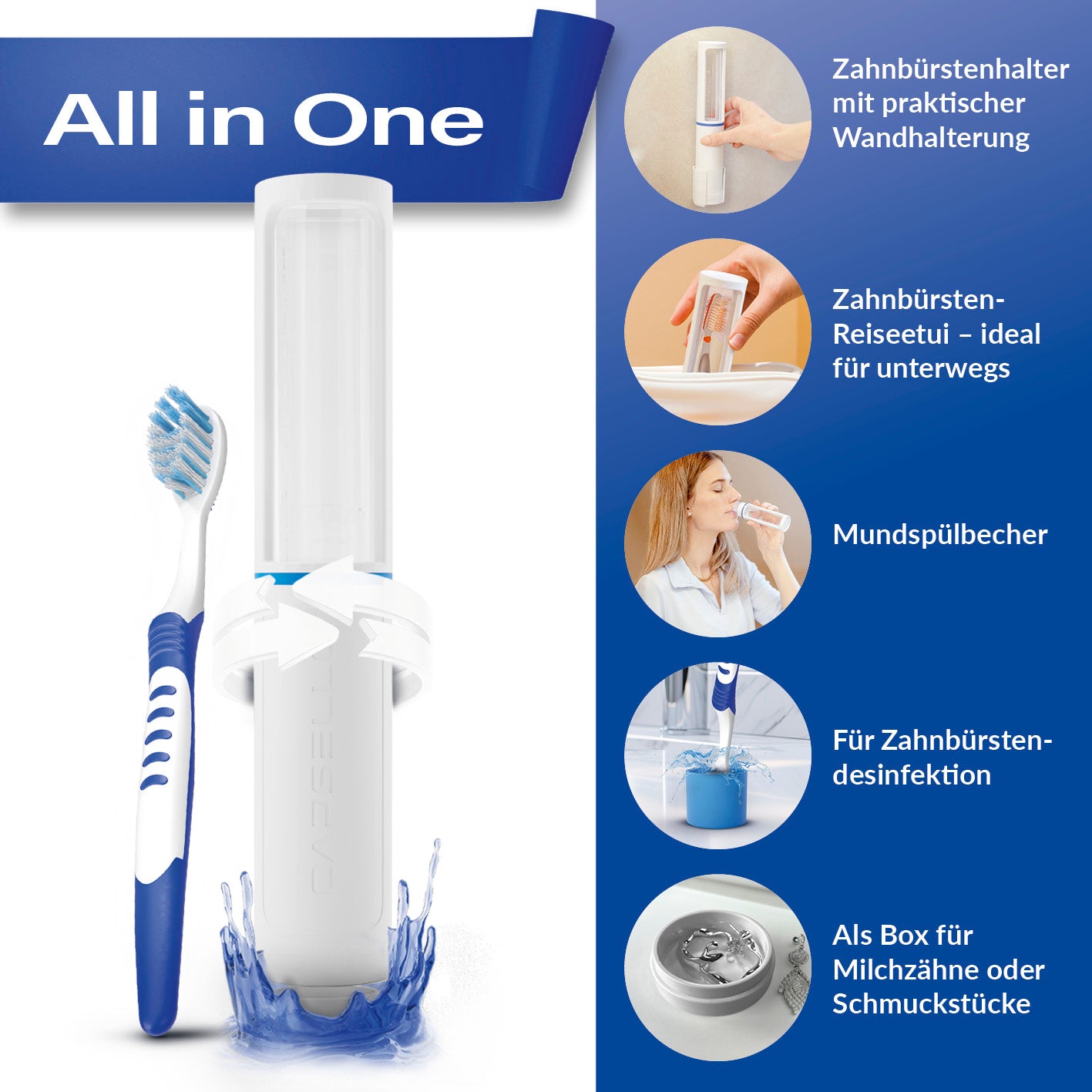 Zahnbürstenbox - weiß mit Wandhalterung, Reiseetui, Mundspülbecher und Desinfektion für Zahnbürsten und kleine Erinnerungen.