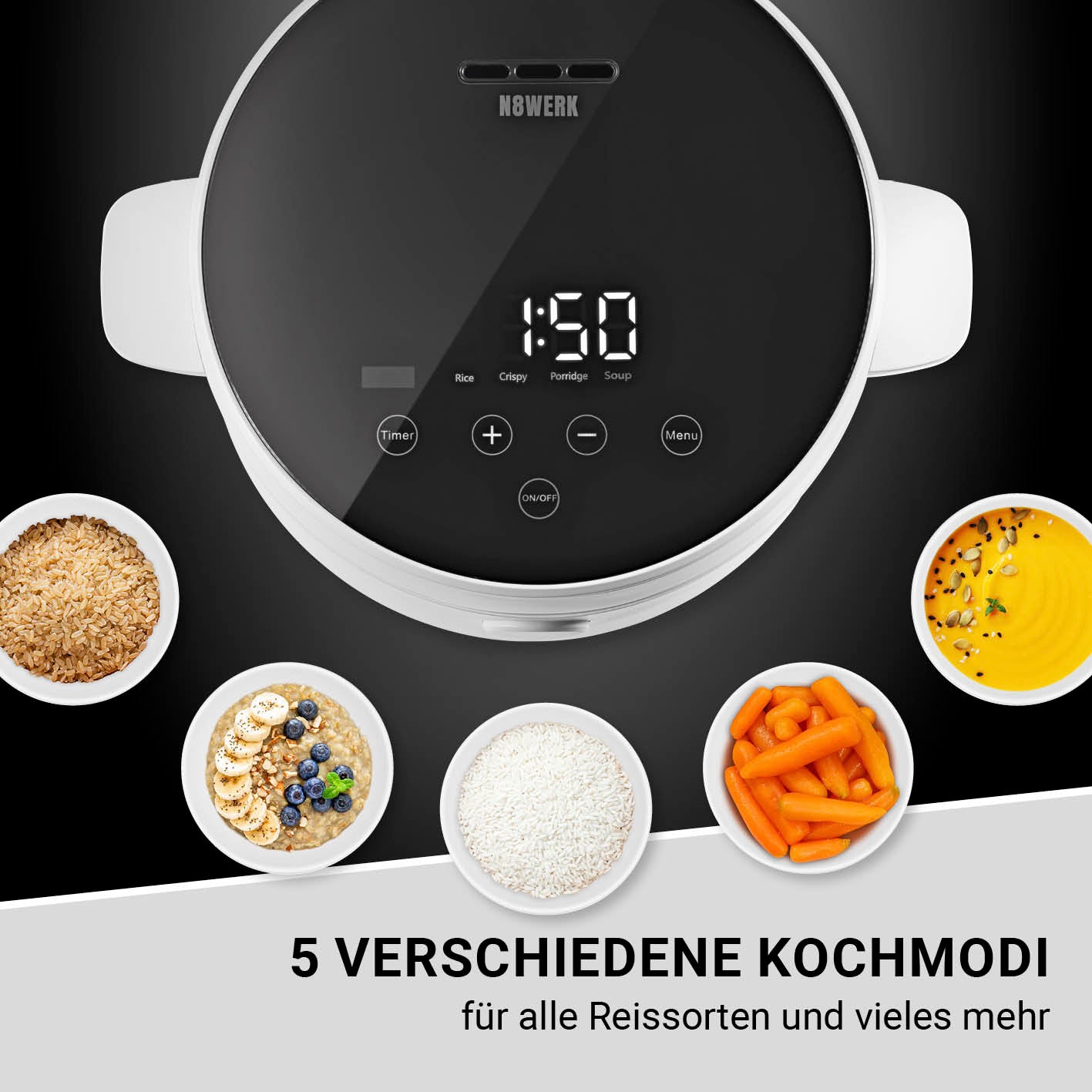 Digitaler Reiskocher mit Touch-Display, 5 Kochprogrammen und Timer für vielseitiges, nährstoffreiches Kochen ohne Anhaften.