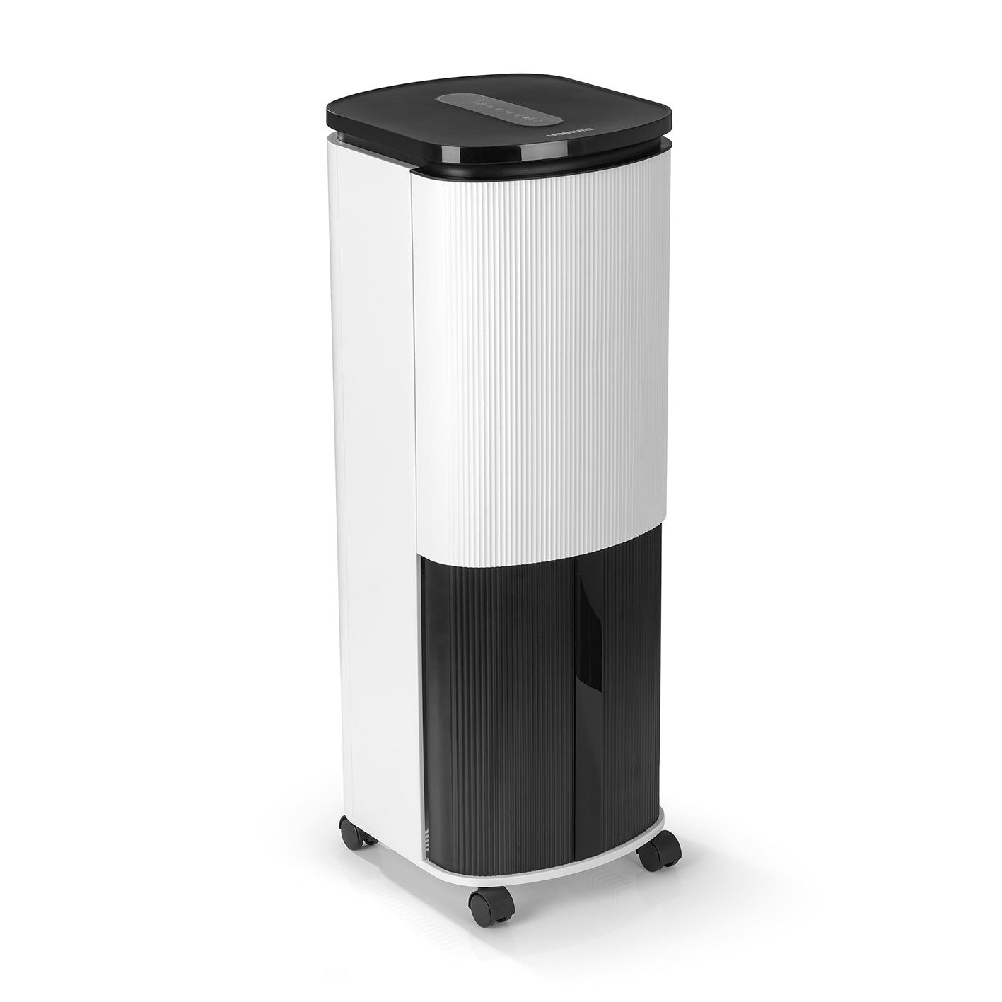 Luftkühler mit Peltier-Element in Weiß-Schwarz, kompakt, mobil und mit LED-Touch-Display für effiziente Luftkühlung und -befeuchtung.
