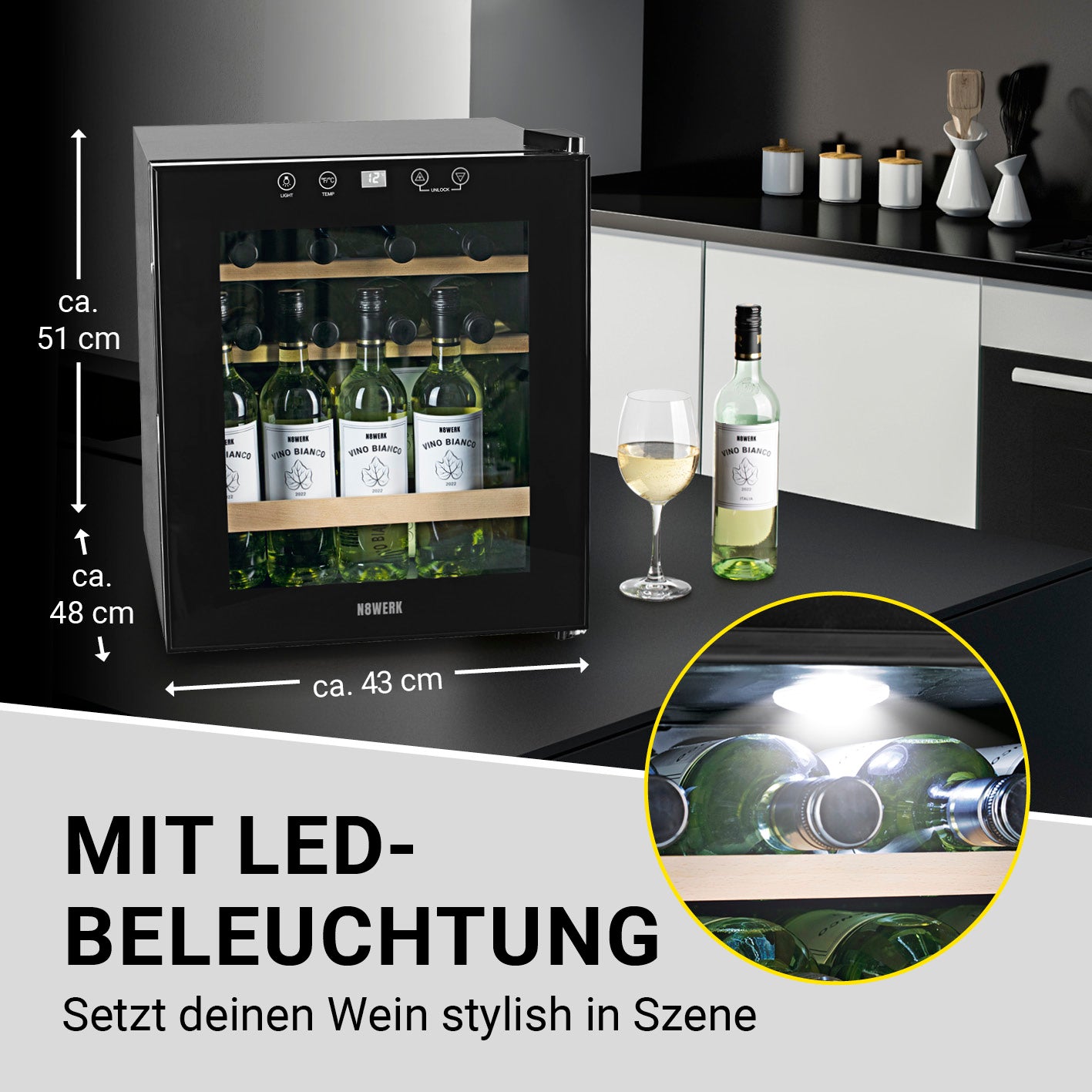 Weinkühlschrank - 15 Flaschen, freistehend mit LED-Innenbeleuchtung und geräuscharmer Kompressor-Technologie für optimale Kühlung.
