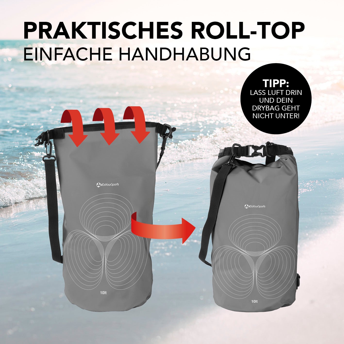 Dry Bag 10L - Grau mit praktischem Rolltop-Verschluss, wasserdicht und robust, ideal für Outdoor-Abenteuer und Wassersport.