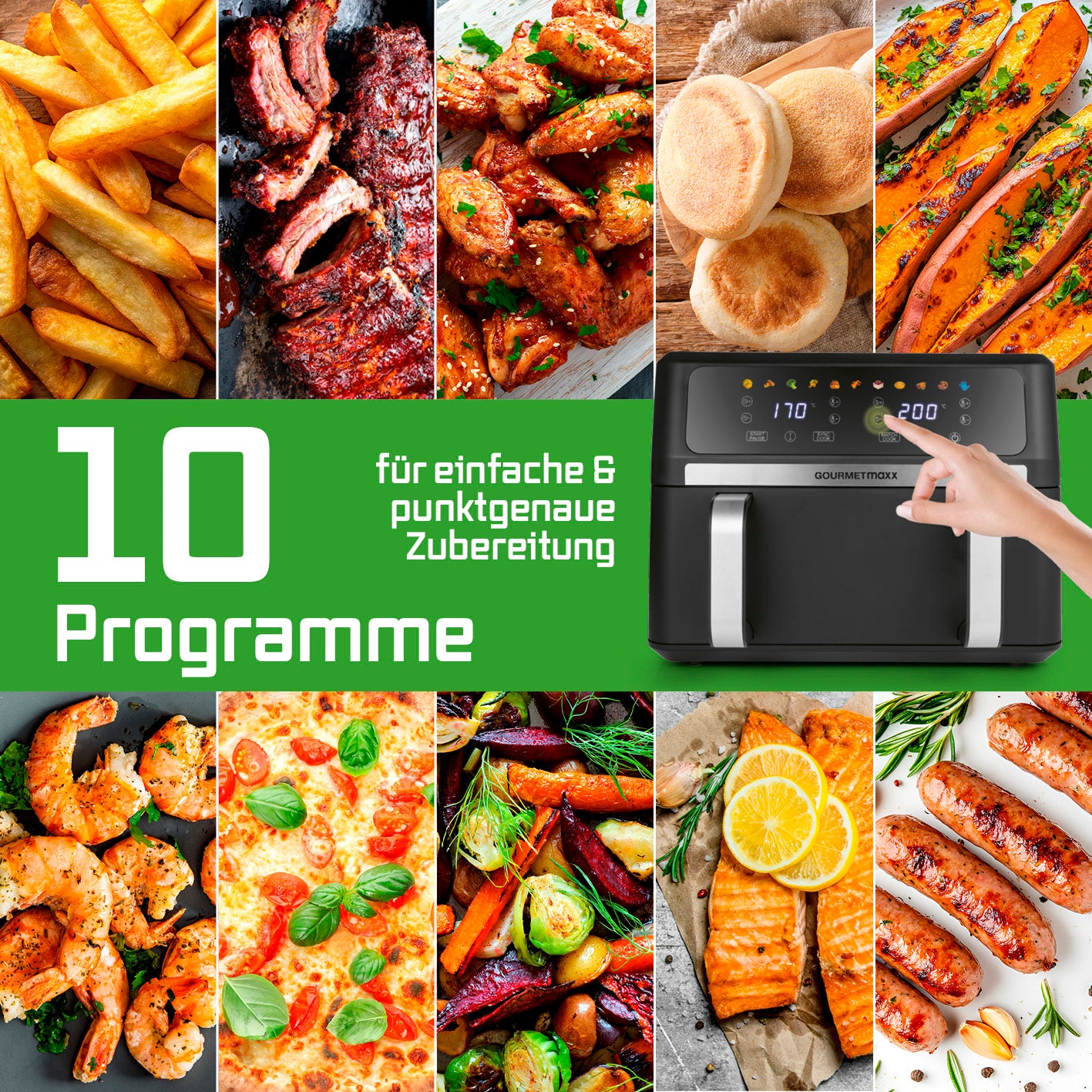 Vario-Kammer-Heißluftfritteuse - 10 Liter mit 10 Programmen, ideal für vielseitiges fettarmes Garen von Speisen in großer Menge.