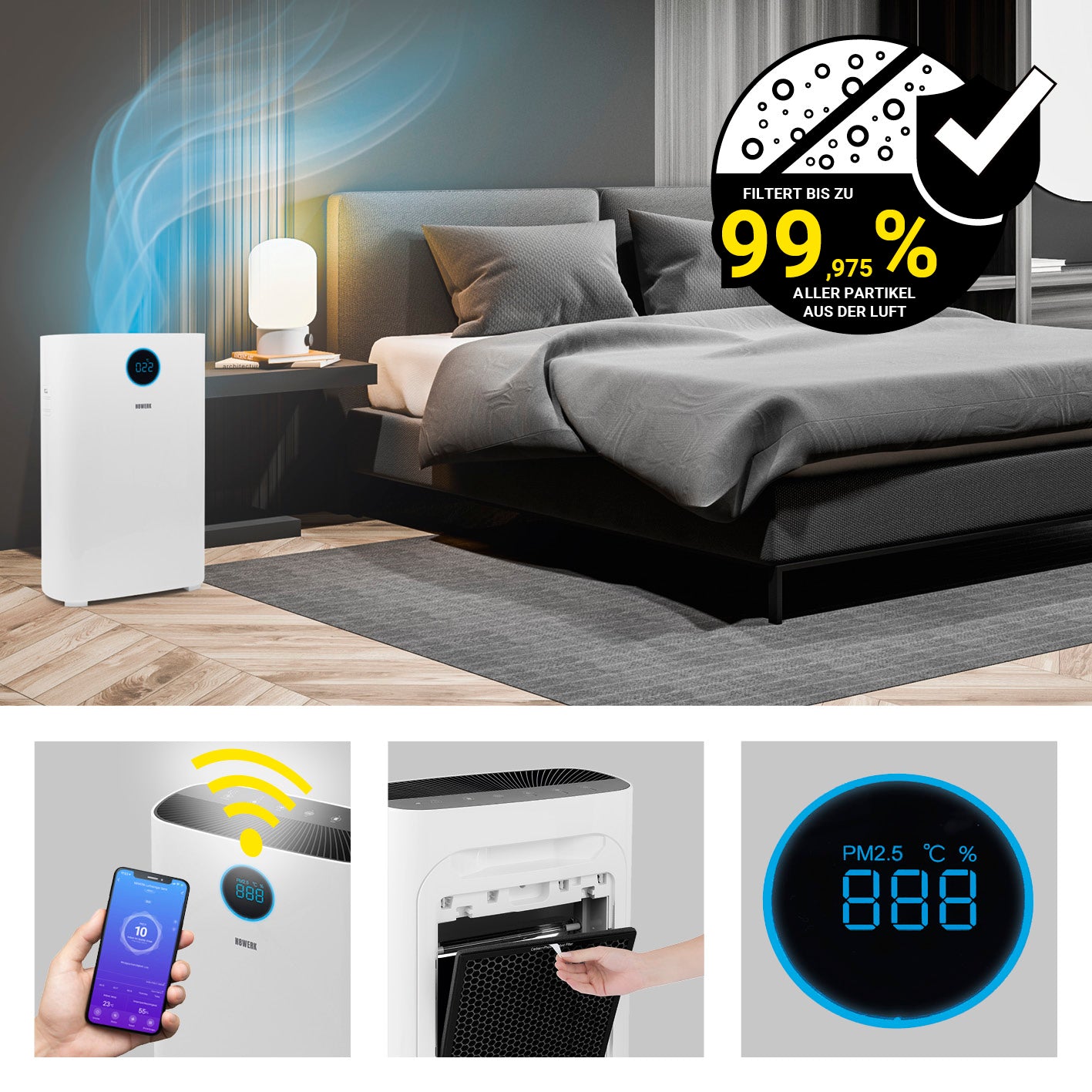 Luftreiniger M - HEPA H14 mit 6-fach-Filtersystem, Wifi-Steuerung, PM2.5 Anzeige, ideal für Allergiker in modernem Schlafzimmer.