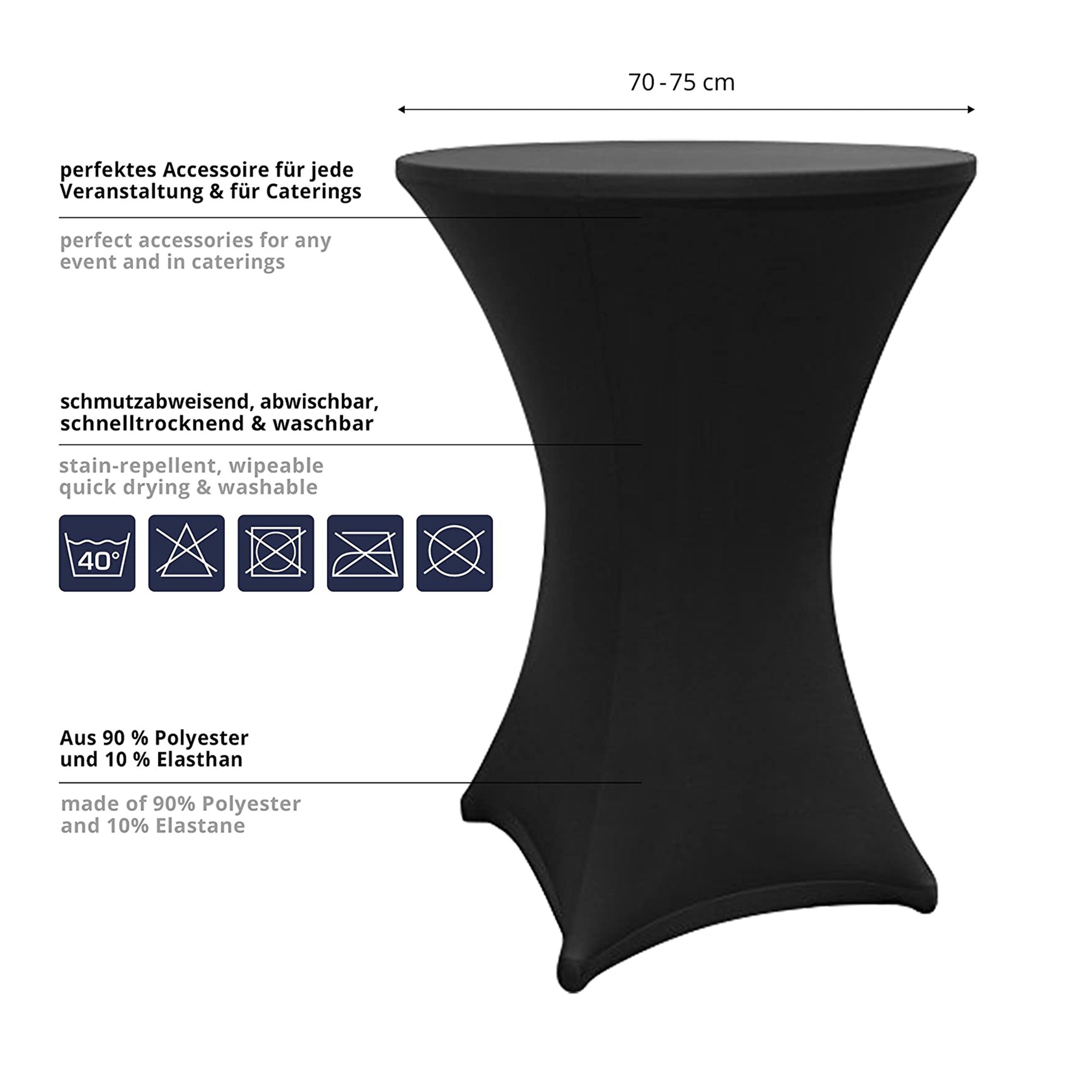 Stehtischhusse - Tisch Bezug - Husse Ø 80-85 cm Schwarz, schmutzabweisend, abwischbar, waschbar, perfekte Passform, Premium Qualität, 10er-Set.