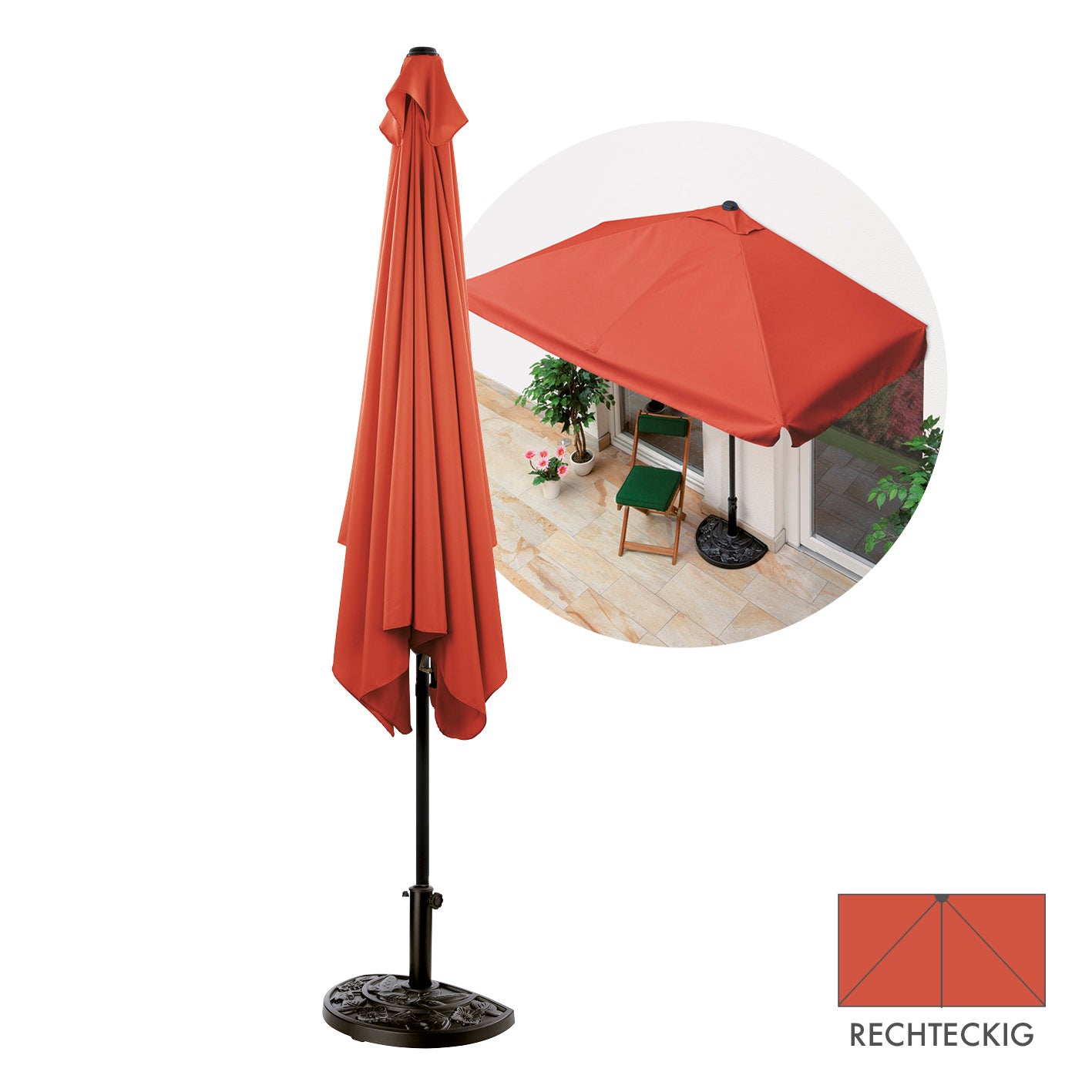Sonnenschirm mit UV-Schutz mit Sonnenschirmfuß - rechteckig 230 x 140 cm - terracotta, ideal für Balkon und Terrasse.