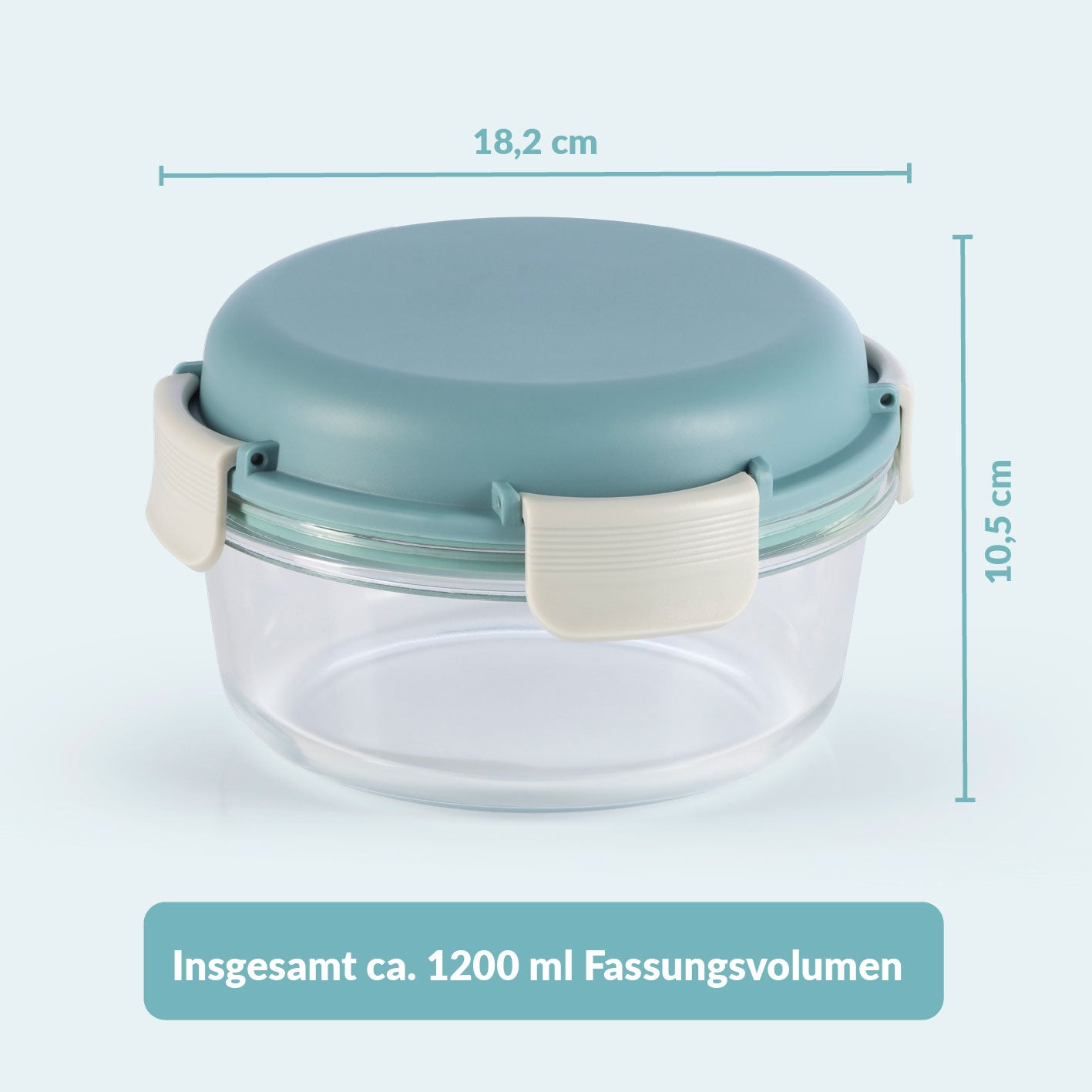 Glas-Lunchbox Klick-it mit integriertem Kühlakku 950 ml grau/grün, Glasdose mit 4-fach Klickverschluss und Silikondichtung.