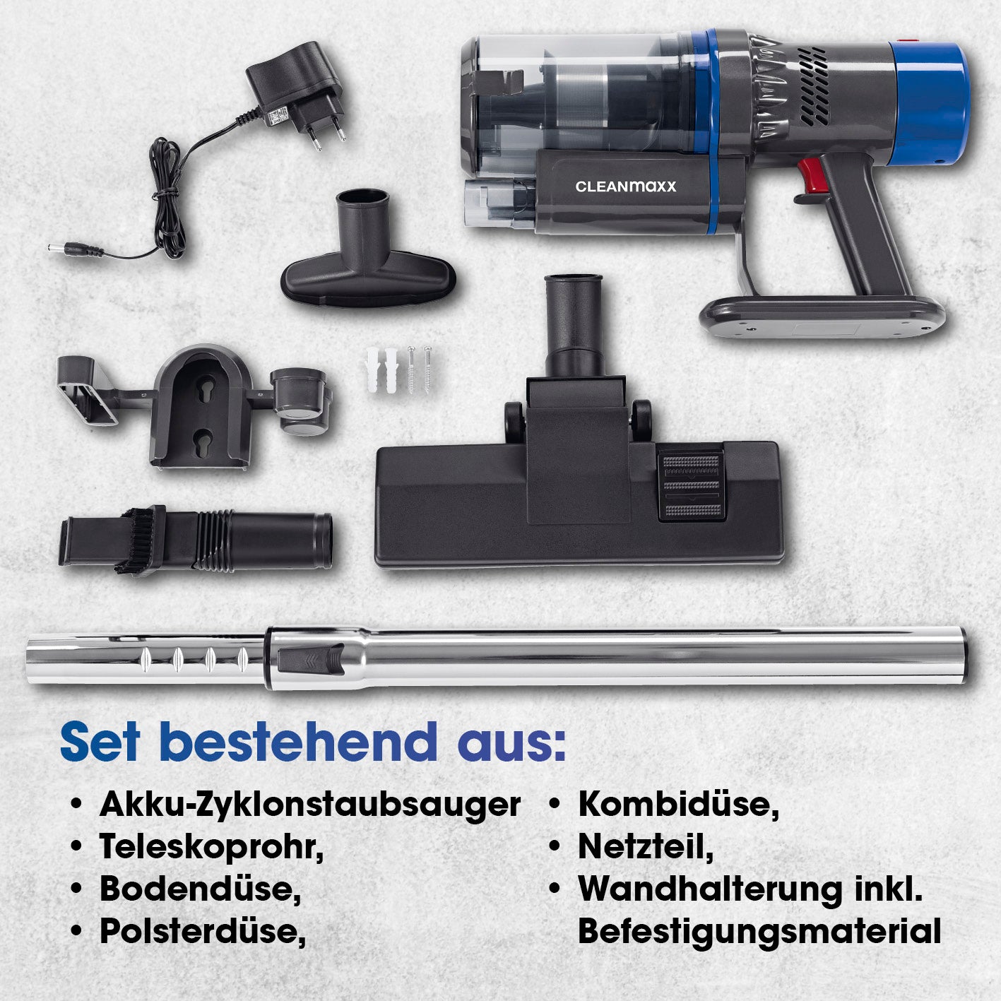 Kabelloser Hand- und Bodenstaubsauger mit Akku, Teleskoprohr, verschiedenen Düsen, Netzteil und Wandhalterung für flexible Reinigung.