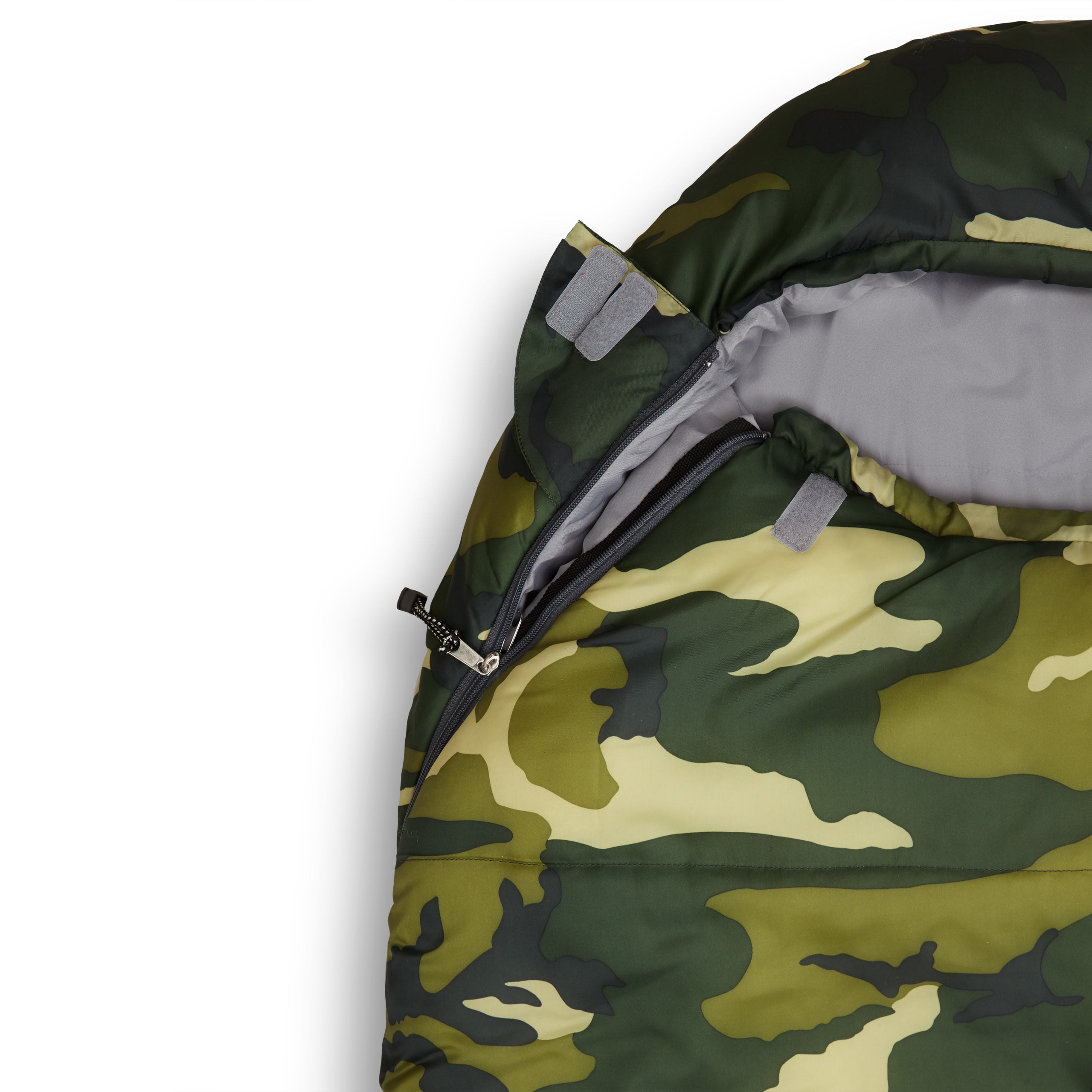 Camping Schlafsack Classic - Mumienschlafsack in Camouflage Grün mit wasserabweisendem Außenmaterial und Konturkapuze.