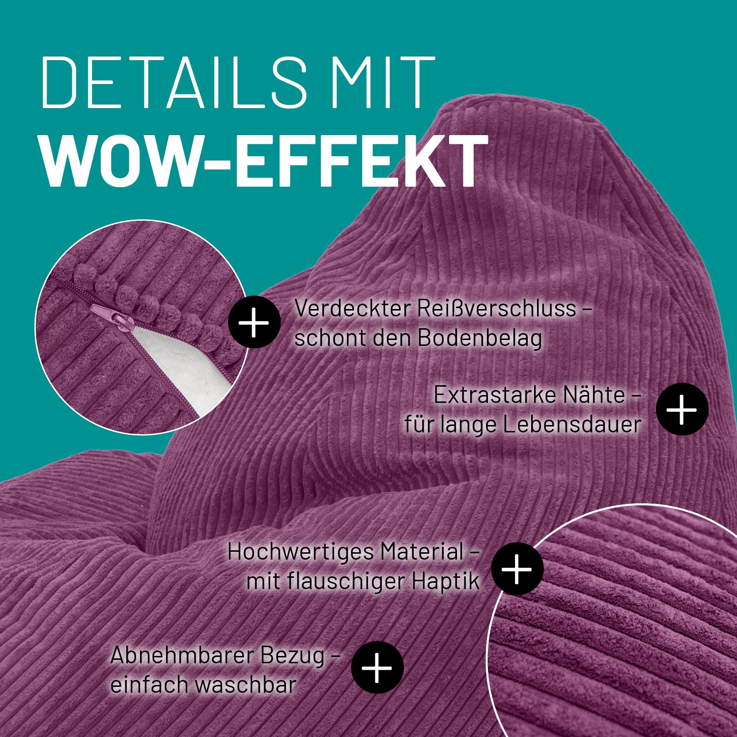 Sitzsack GIANT aus der Cord-Reihe - Weinrot mit verdecktem Reißverschluss, robusten Nähten, waschbarem Bezug und flauschigem Material.