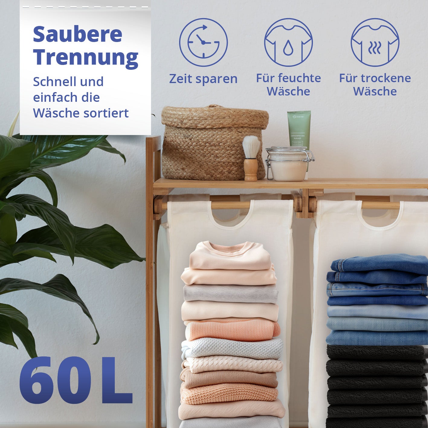 Bambus Wäschekorb mit 2 ausziehbaren Wäschesäcken - 73 x 64 x 33 cm - Weiß, ideal zum Sortieren von feuchter und trockener Wäsche.