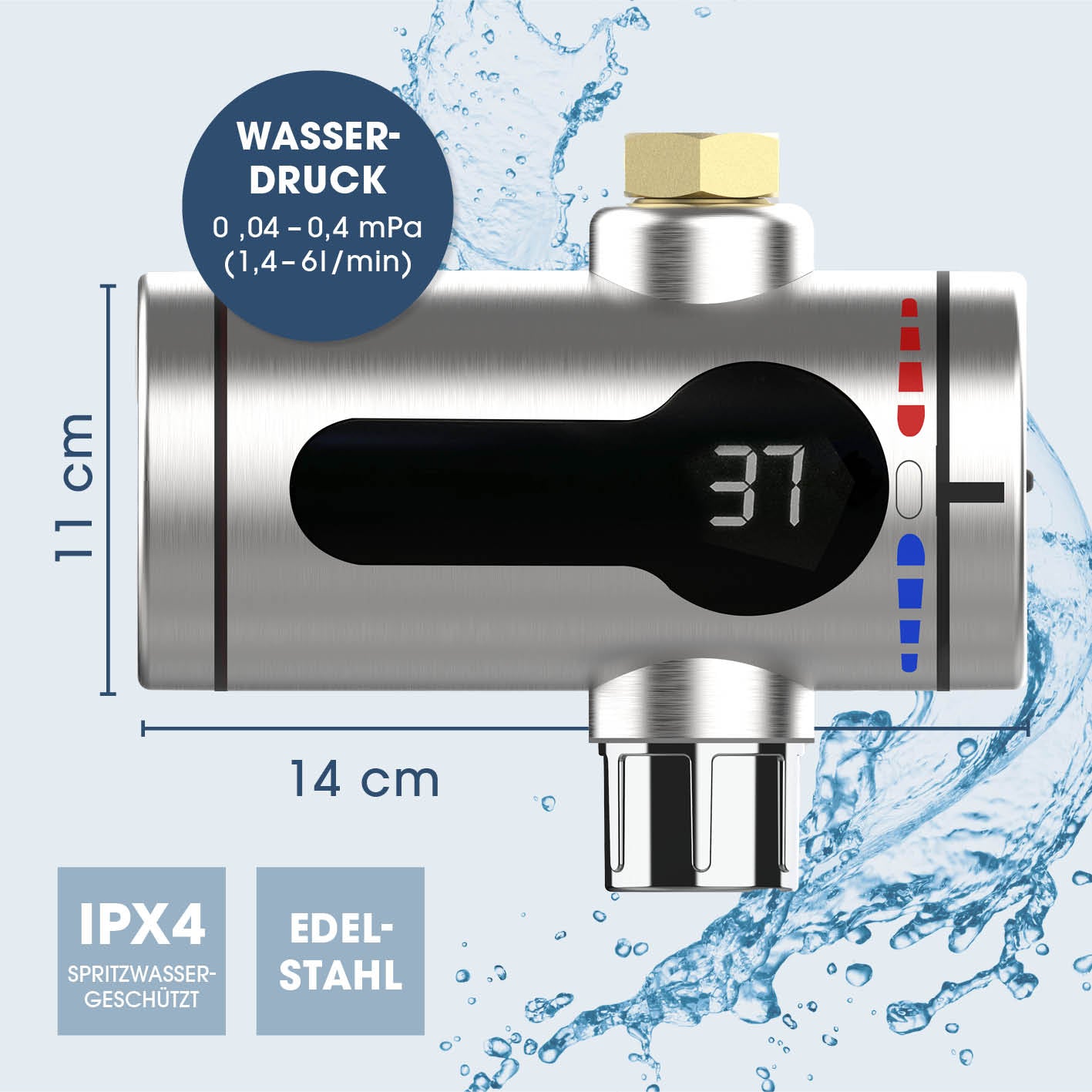 Edelstahl-Durchlauferhitzer mit LED-Digitalanzeige, robust, IPX4 geschützt und einfacher Installation für warmes Wasser bis 60° im Außenbereich.