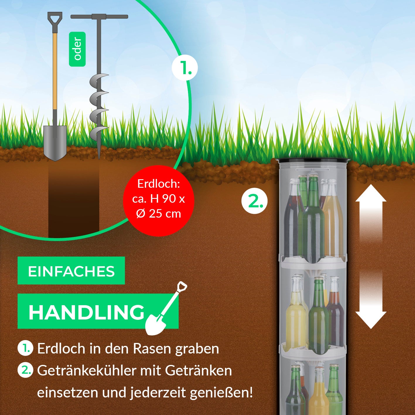 Outdoor-Flaschenkühler mit Erdloch, für bis zu 13 Flaschen, stromlos, robust und ideal für Garten, Camping und Partys.