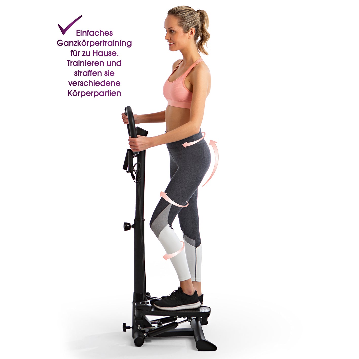 Fitnesstrainer Swing Stepper mit 2 Expanderbändern zeigt Frau im Sportoutfit beim Ganzkörpertraining zu Hause.