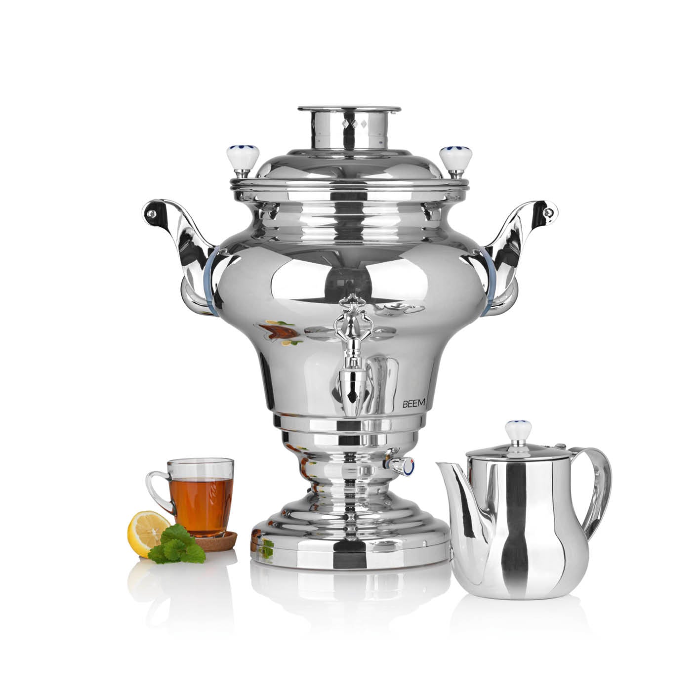 SORAYA Samowar - 10 l | Edelstahl elektrischer Teebereiter mit 10 l Fassungsvermögen und Teekanne aus Edelstahl für Gastronomie und Dauerbetrieb