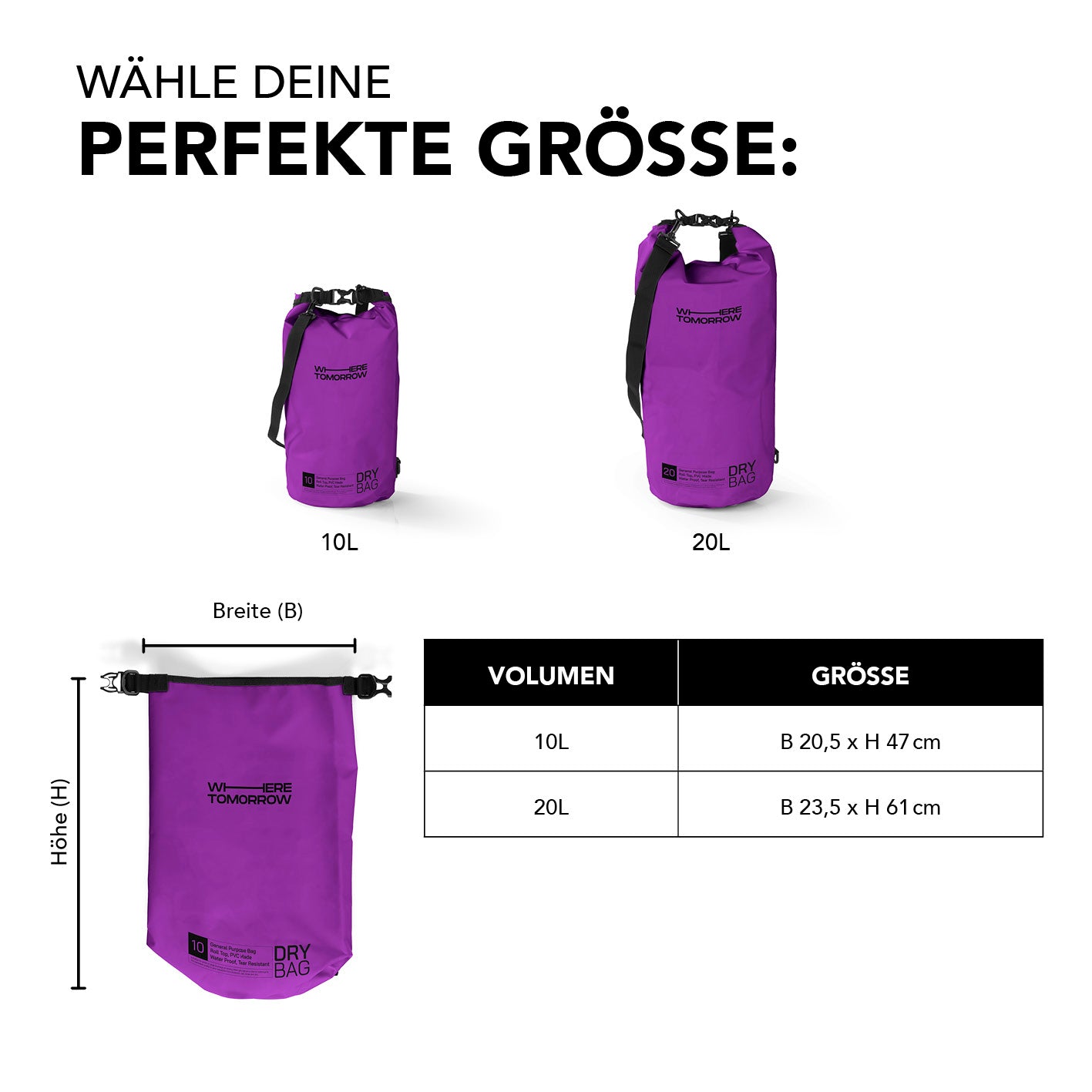 Dry Bag 10L - Style 01 - Lila: wasserdichter, robuster Outdoor-Rucksack mit UV-Schutz und verstellbarem Schultergurt, 10 Liter Volumen.