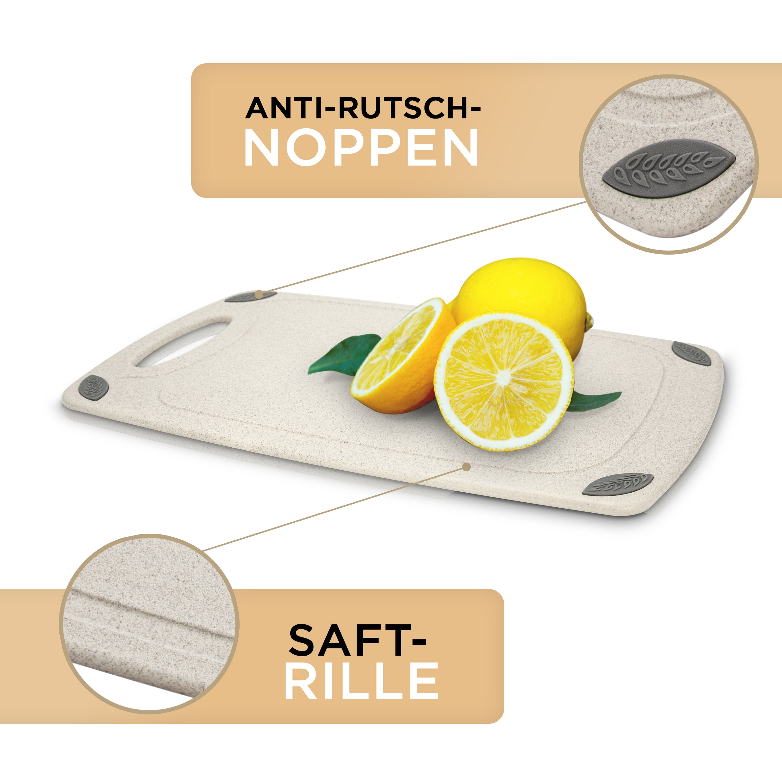 Schneidebrett aus PP-Material und Weizenstroh - Beige - 2er-Set mit Anti-Rutsch-Noppen und Saft-Rille zum sicheren Schneiden.